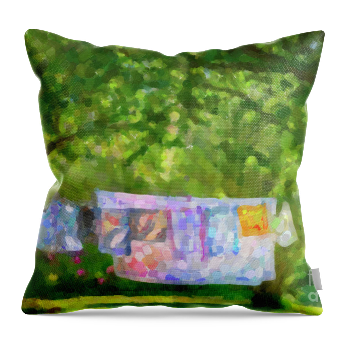 Laundry Throw Pillow featuring the painting Laundry hanging in a garden by Delphimages Photo Creations