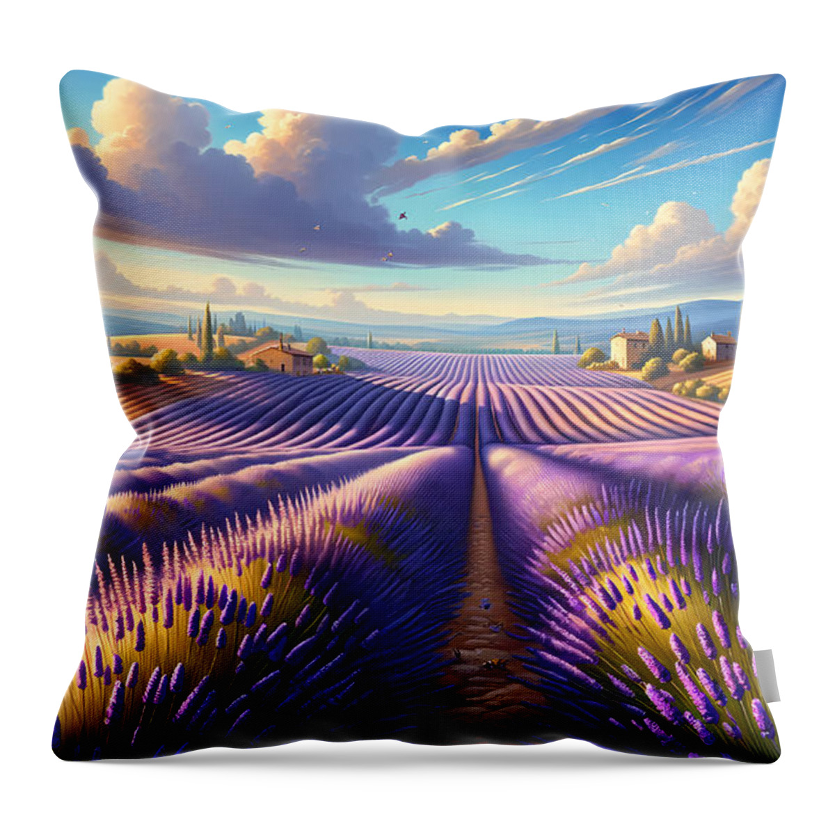Lavender Throw Pillow featuring the digital art Lavender Fields in Provence, Endless rows of lavender in the South of France by Jeff Creation