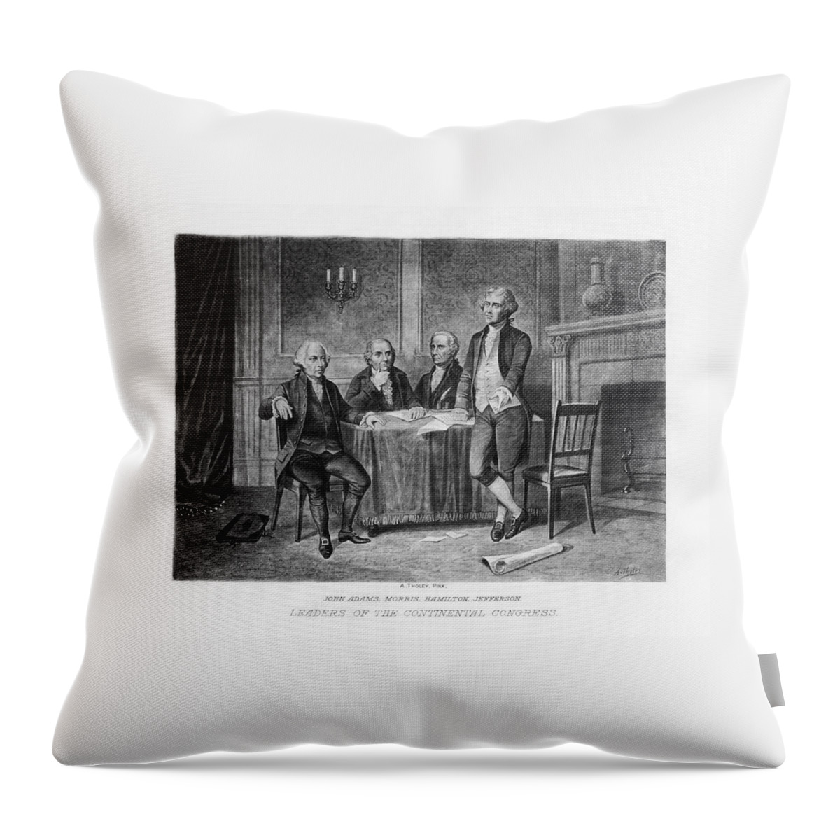 Continental Congress Throw Pillow featuring the drawing Leaders of the Continental Congress - John Adams - Morris - Hamilton - Jefferson by War Is Hell Store