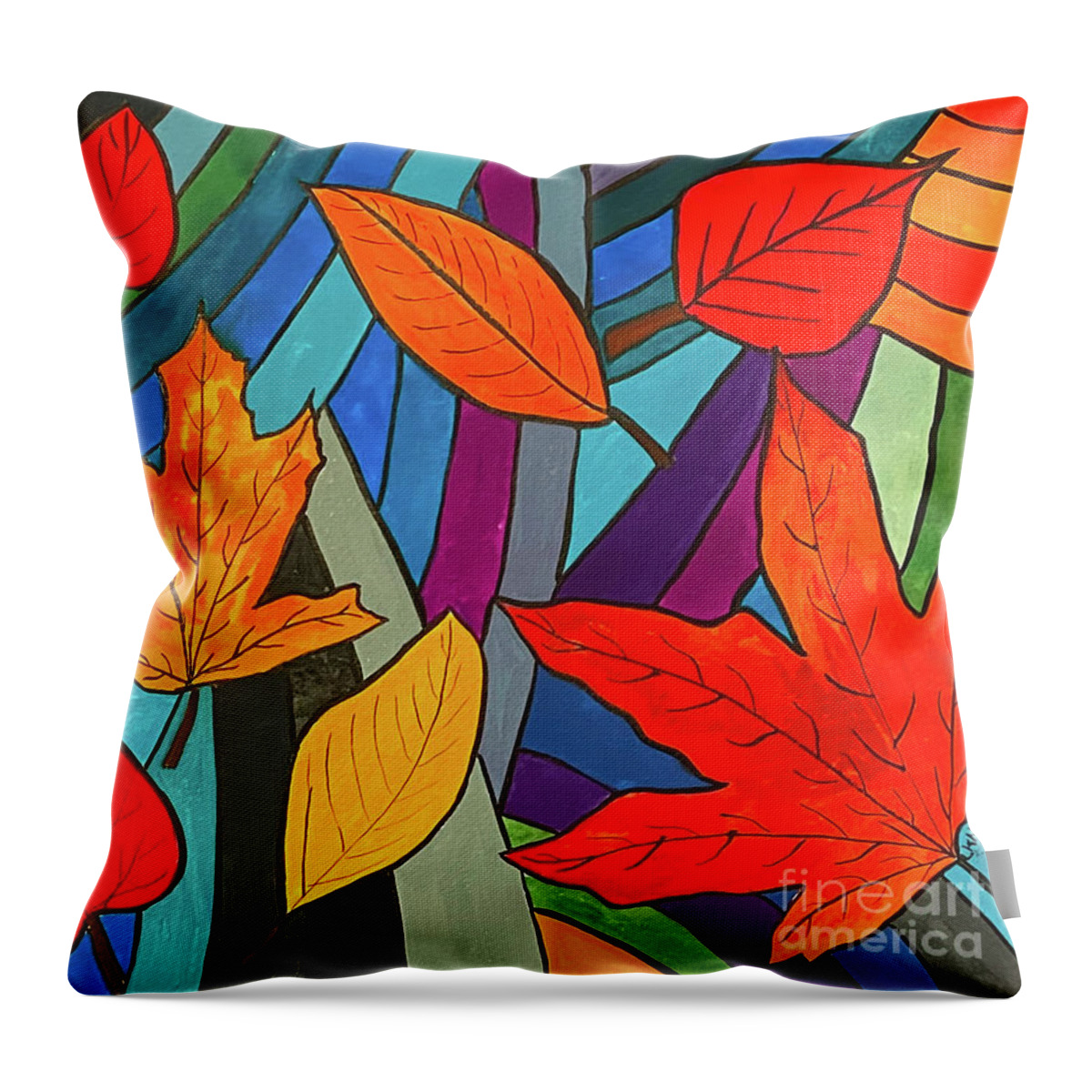 Leaves Throw Pillow featuring the mixed media Leaves and Stripes by Lisa Neuman