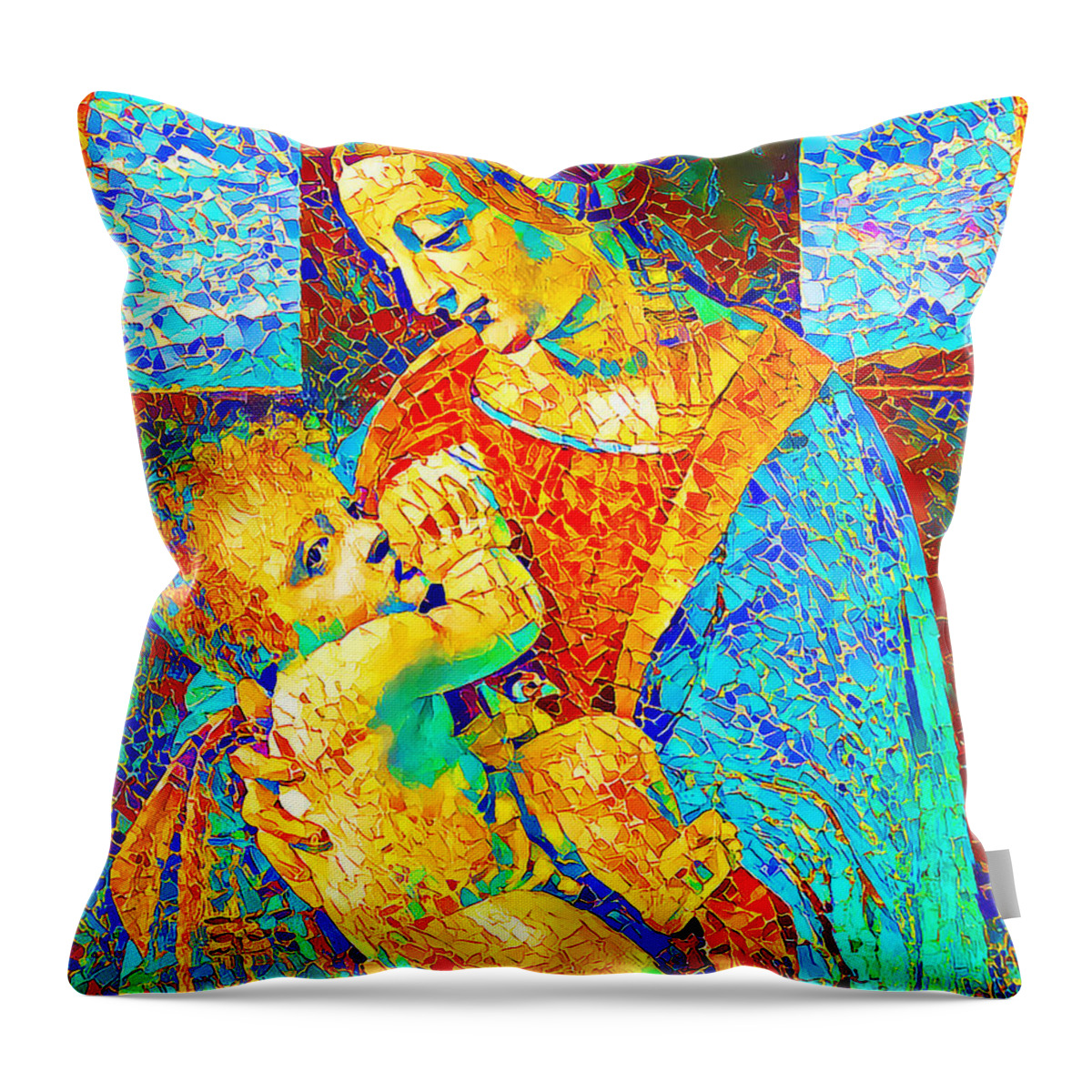Wingsdomain Throw Pillow featuring the photograph Leonardo da Vinci The Modonna Litta in Vibrant Colorful Stained Glass Motif 20200805 by Wingsdomain Art and Photography