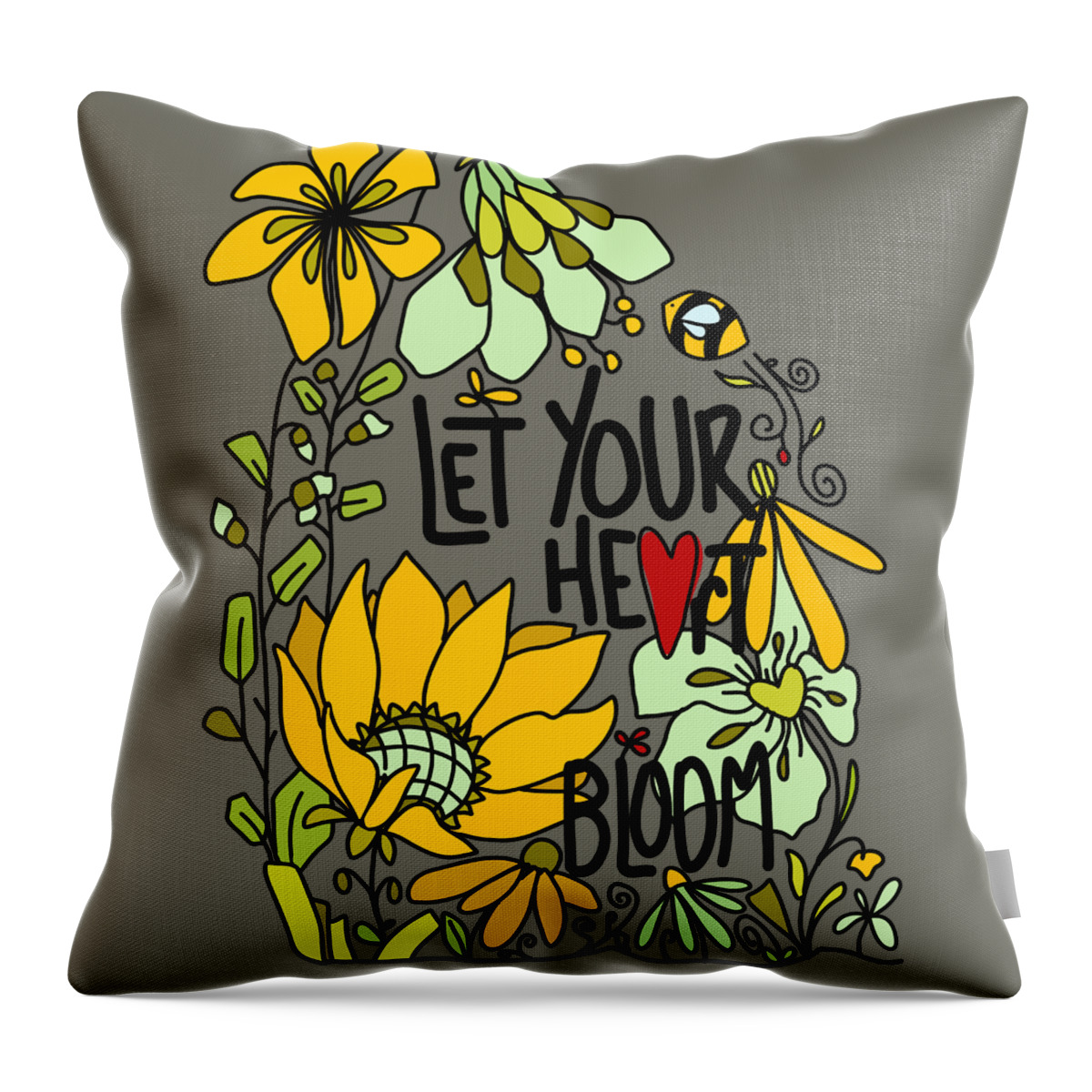 Let Your Heart Bloom Throw Pillow featuring the digital art Let Your Heart Bloom - Mint Green and Yellow and Black Line Art by Patricia Awapara