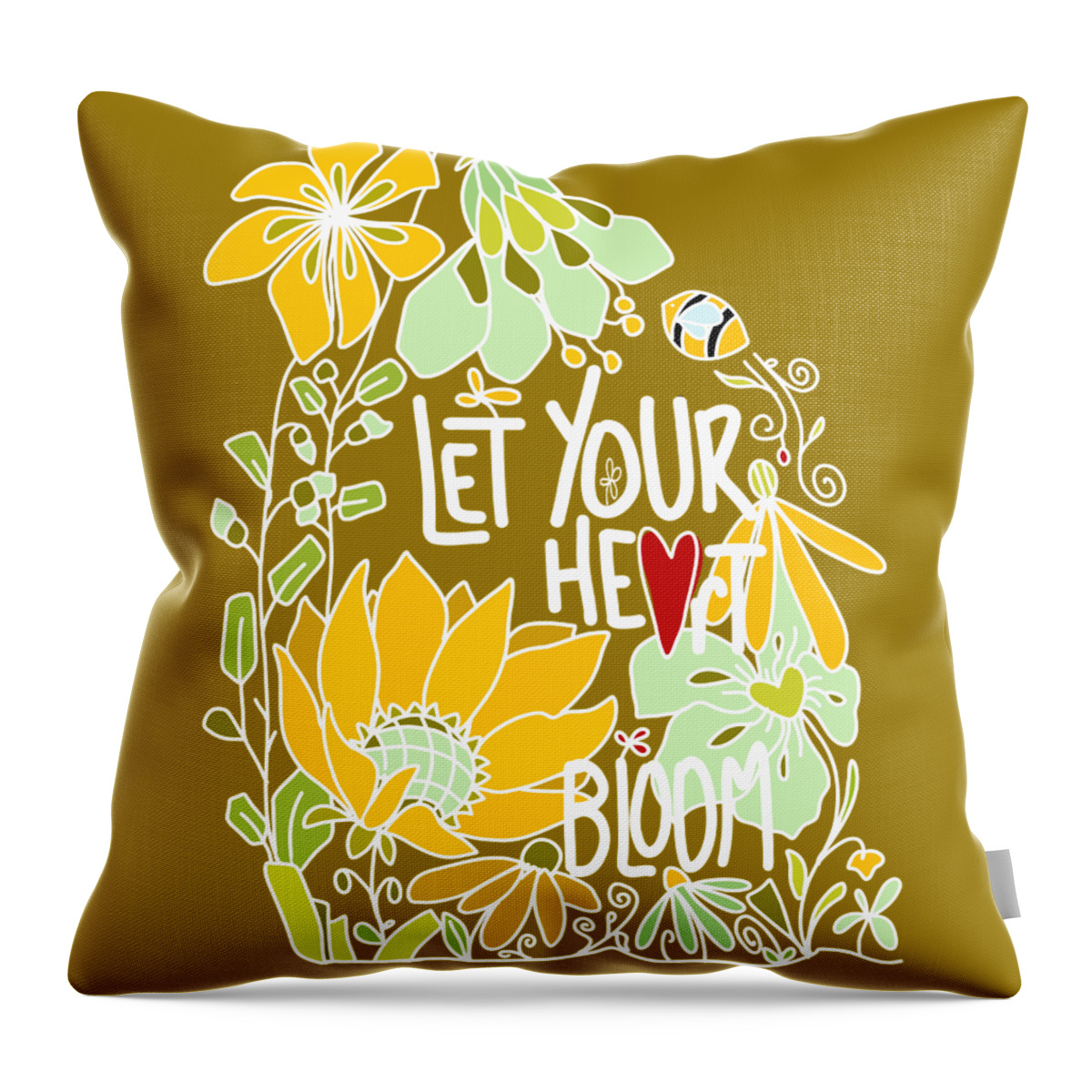 Let Your Heart Bloom Throw Pillow featuring the digital art Let Your Heart Bloom - Mint Green and Yellow and White Line Art by Patricia Awapara