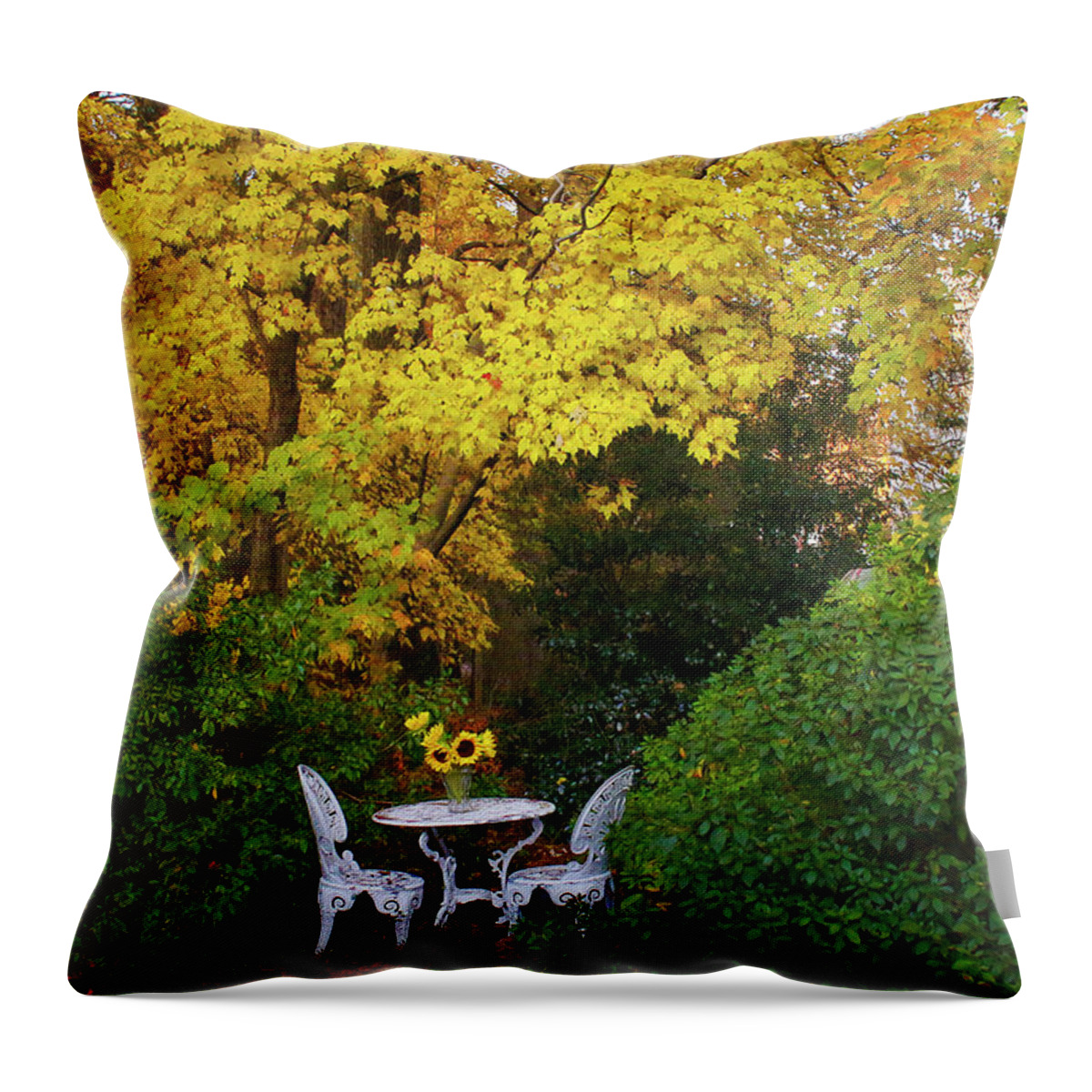 Yellow Foliage Throw Pillow featuring the photograph Let's Dine Under Autumn's Golden Canopy by Ola Allen