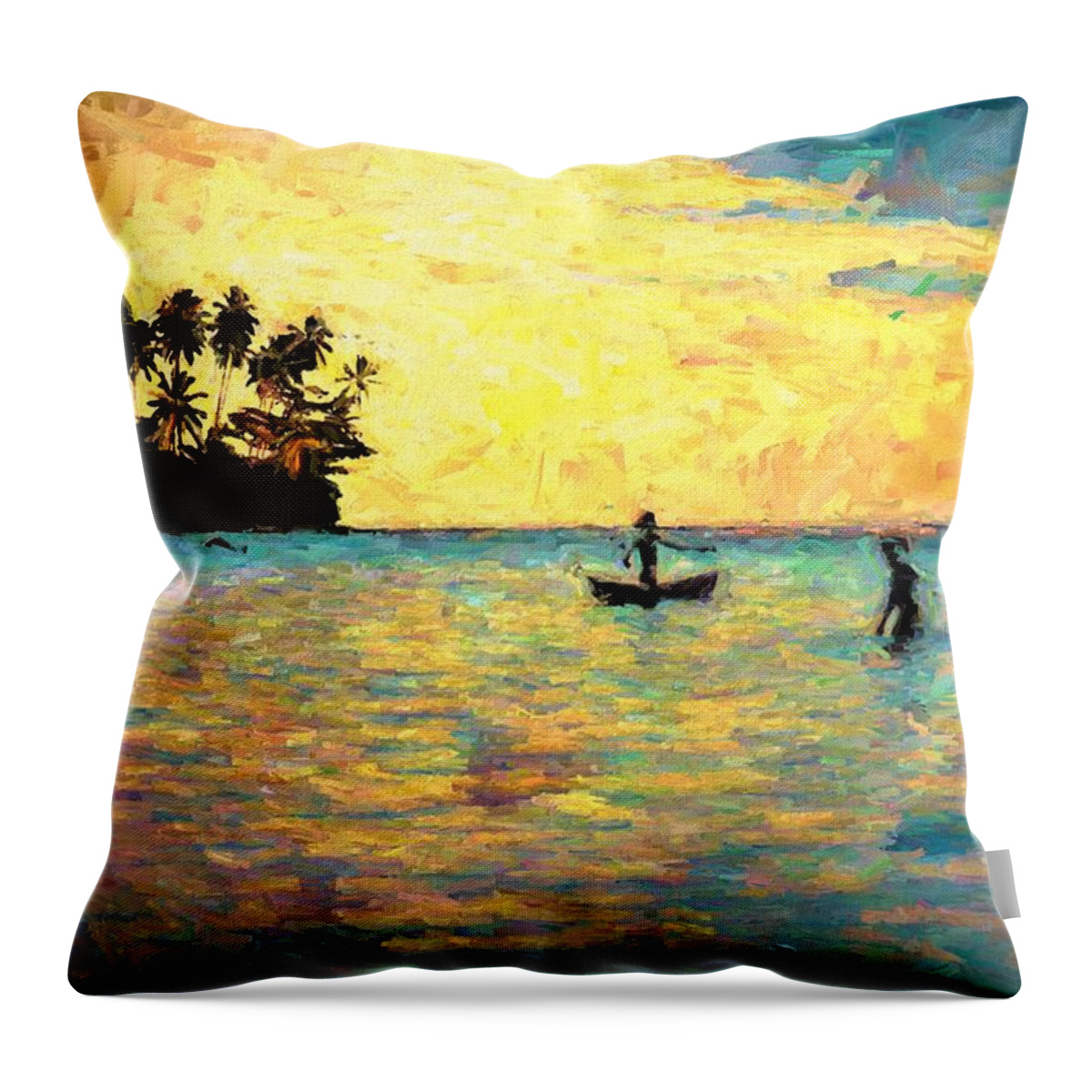 View Throw Pillow featuring the mixed media Liapari Island Fishing In The Lagoon by Joan Stratton