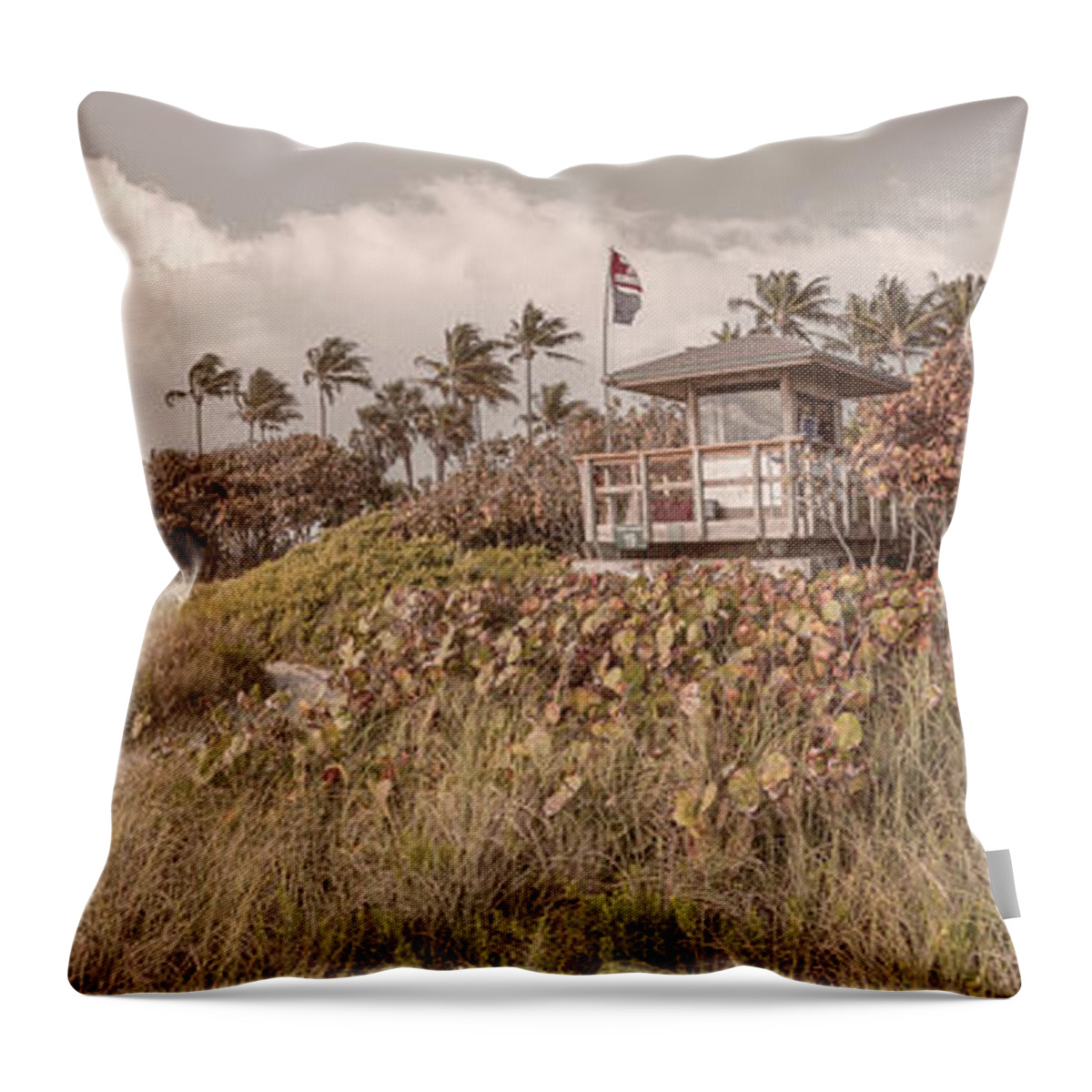 Clouds Throw Pillow featuring the photograph Lifeguard Stand in the Beachhouse Dunes Panorama by Debra and Dave Vanderlaan