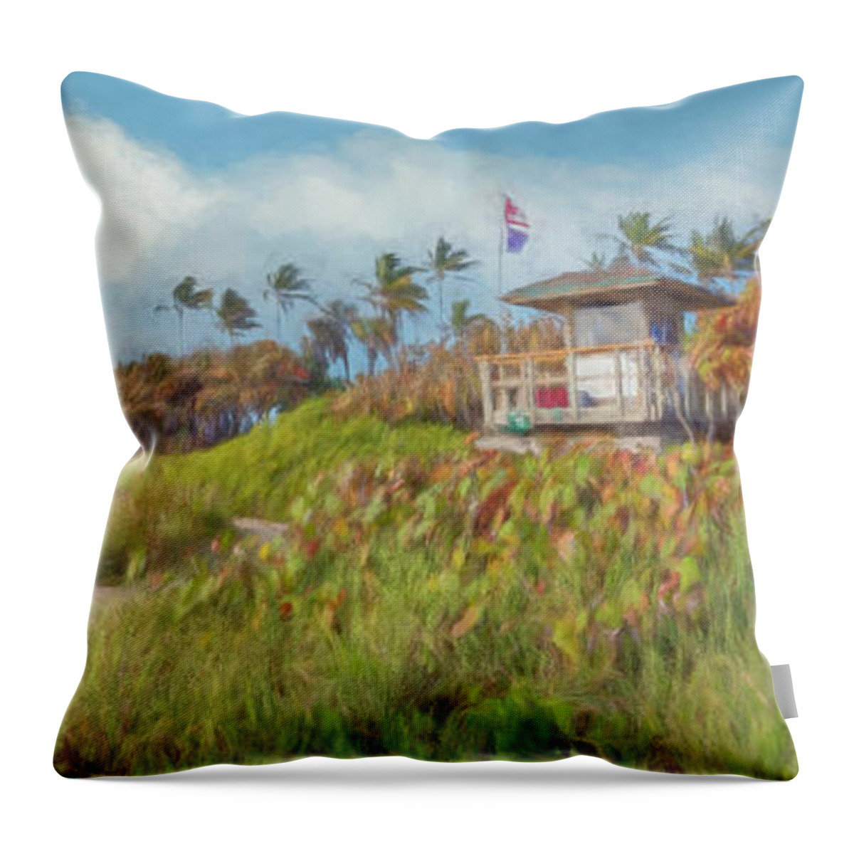 Clouds Throw Pillow featuring the photograph Lifeguard Stand in the Dunes Panorama Watercolors Painting by Debra and Dave Vanderlaan