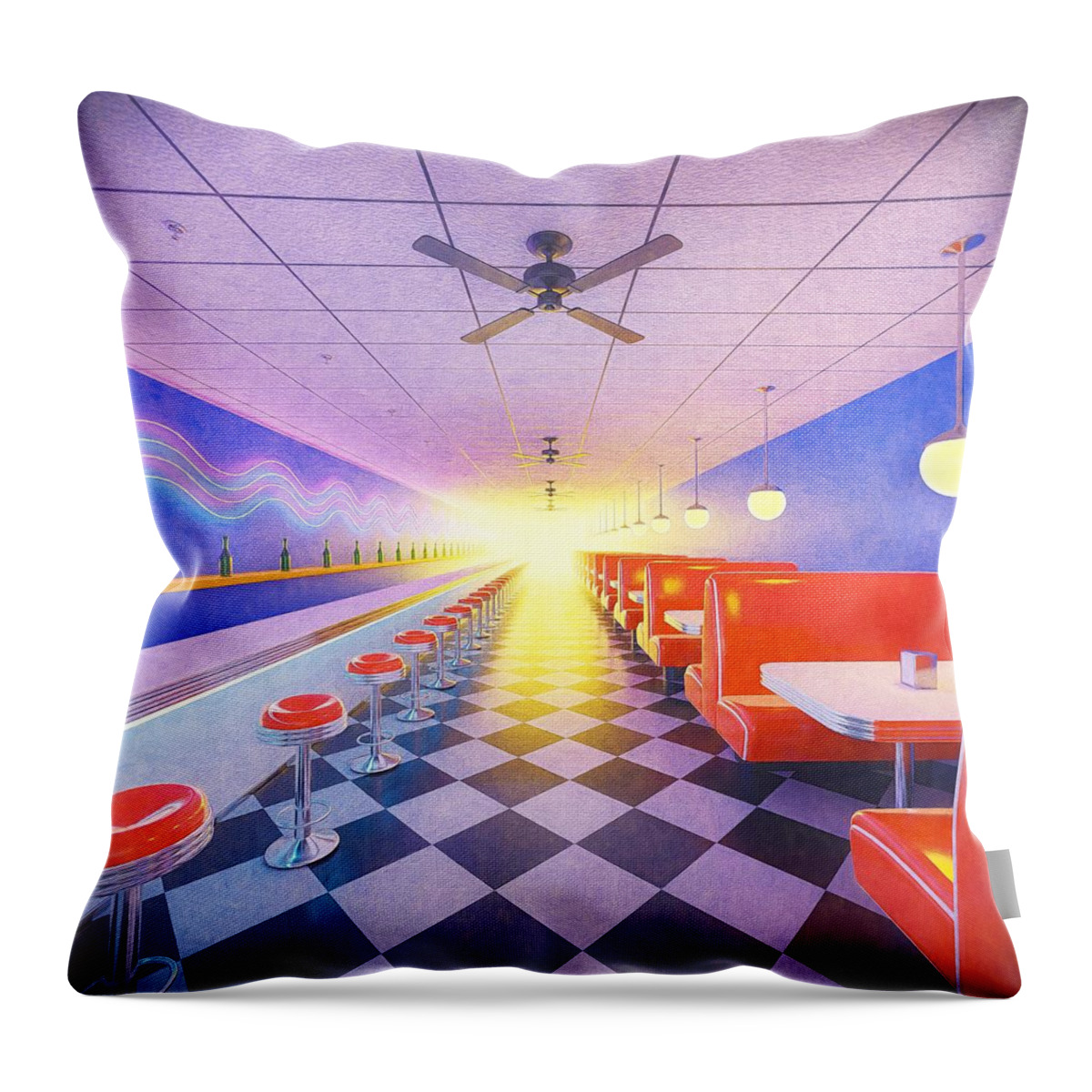 Diner Throw Pillow featuring the digital art Light at the end of the diner by Bespoke Cube