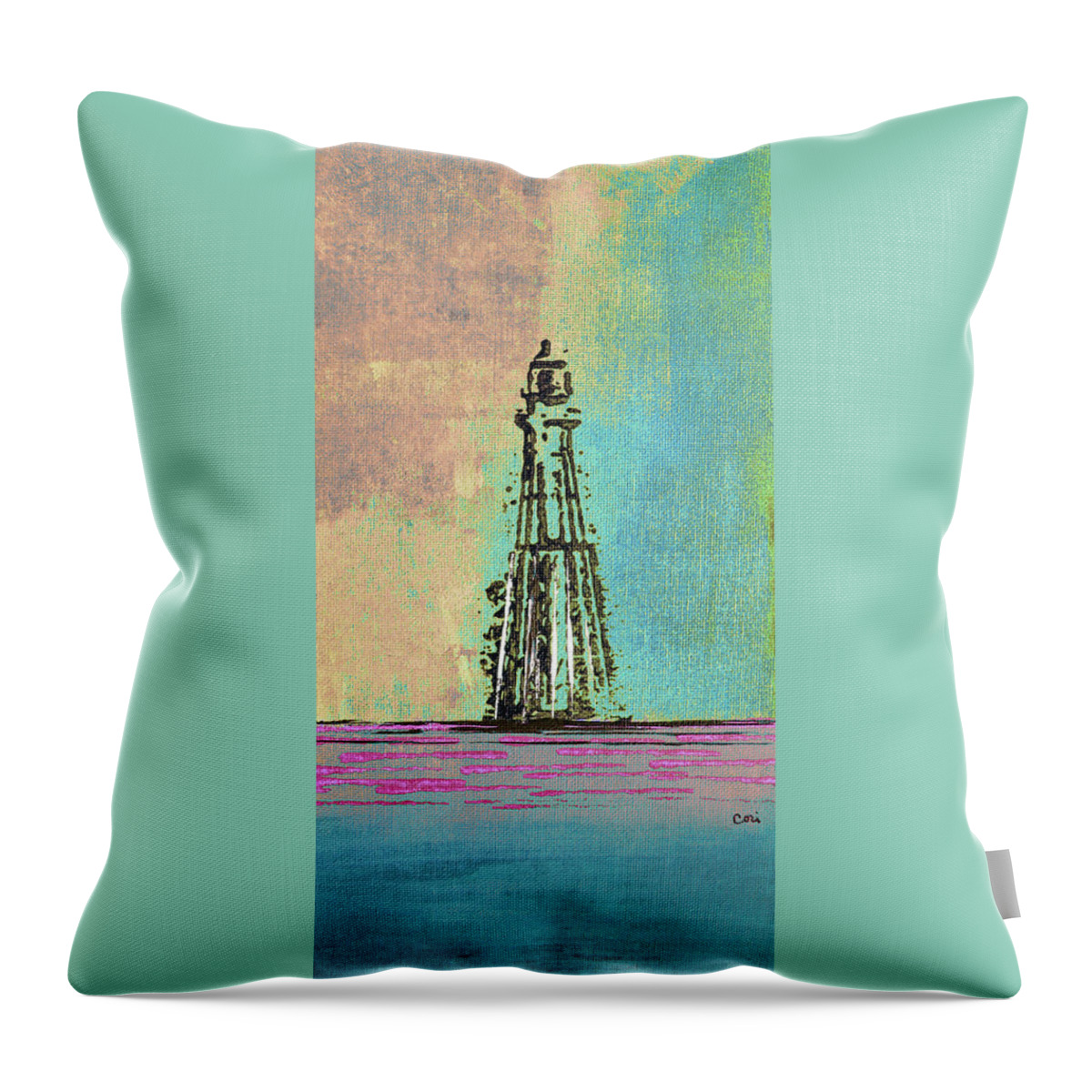 Lighthouse Throw Pillow featuring the mixed media Light on the Horizon 1113 Yellow Green Blue by Corinne Carroll