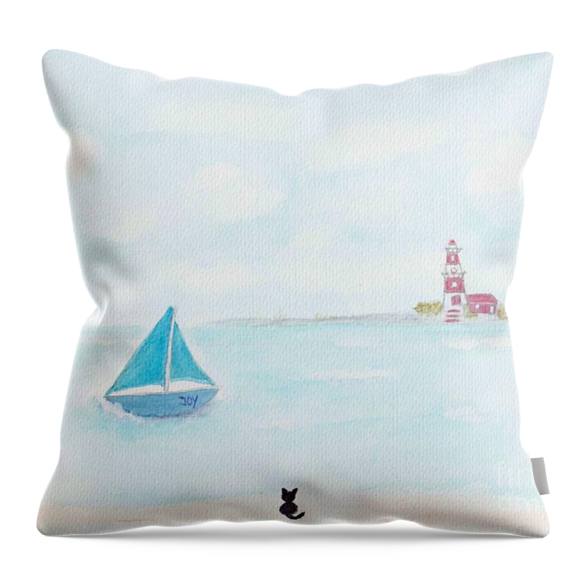 Lighthouse Throw Pillow featuring the painting Lighthouse, a Sailboat and a Cat on the Beach by Renate Janssen