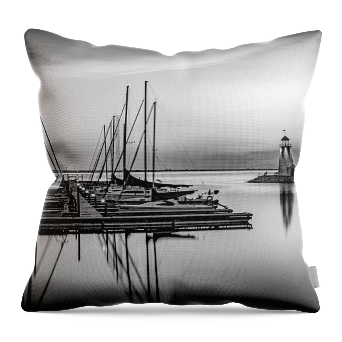 Oklahoma City Throw Pillow featuring the photograph Lighthouse at East Wharf and Sailboats Panorama - Oklahoma City Monochrome by Gregory Ballos