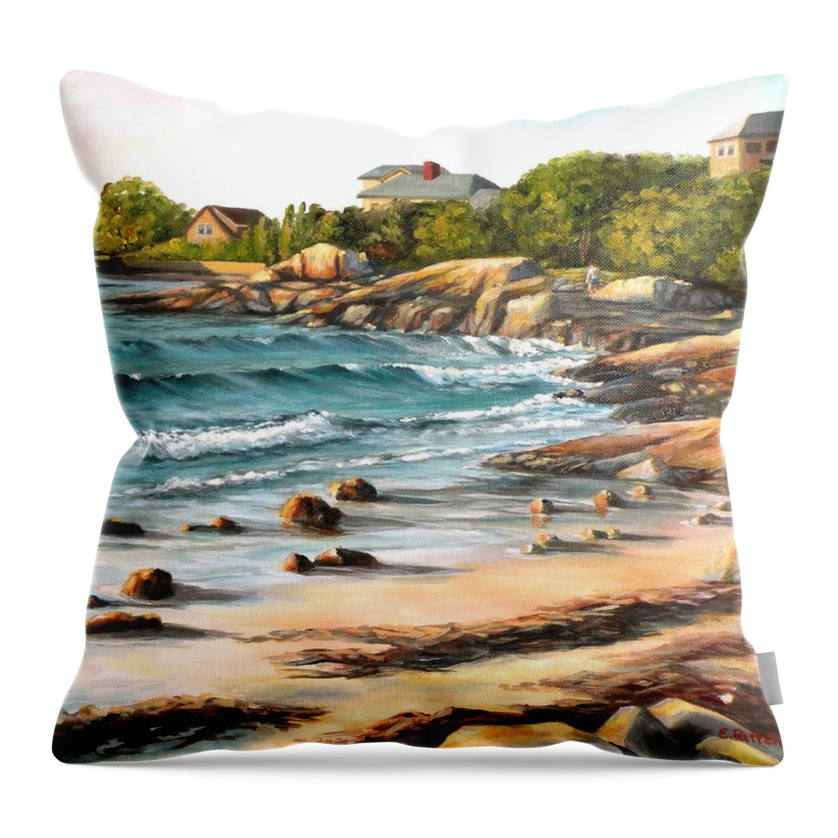 Lighthouse Beach Throw Pillow featuring the painting Lighthouse Beach, Annisquam, MA by Eileen Patten Oliver