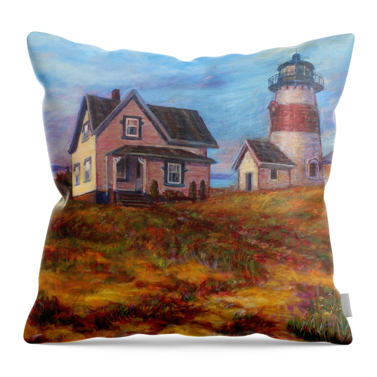 Coastal Scene Throw Pillow featuring the painting Lighthouse On The New England Coast by Veronica Cassell vaz