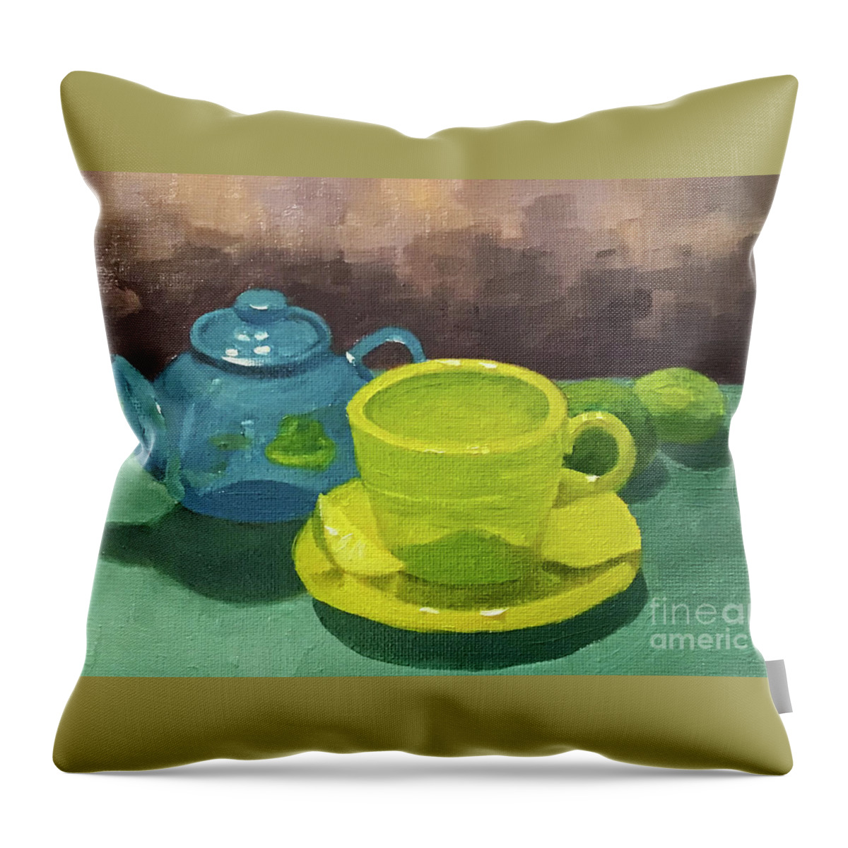 Teapot Throw Pillow featuring the painting Lil' Blue Teapot by Anne Marie Brown