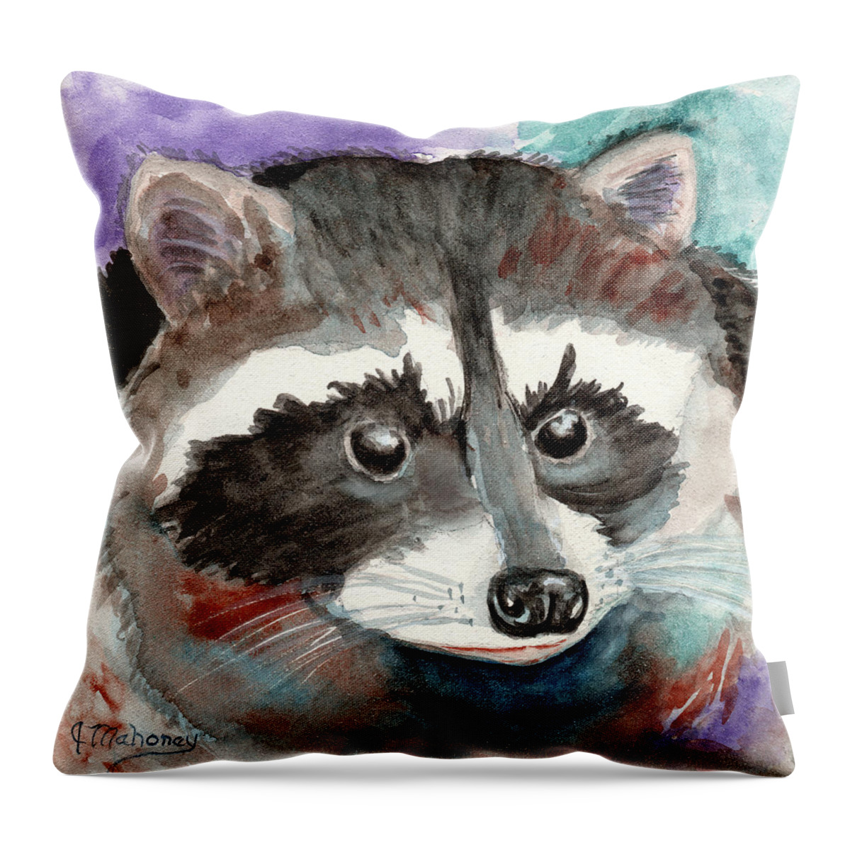 Racoon Throw Pillow featuring the painting Lil' Racoon by Jeanette Mahoney