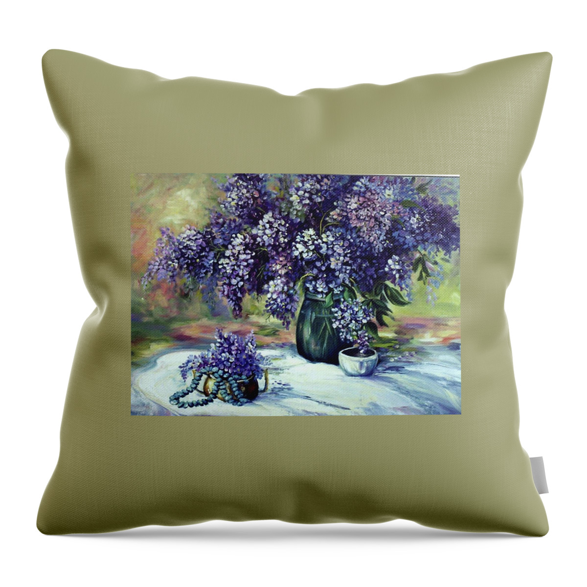 Still Life Of Lilacs And Indian Beads Throw Pillow featuring the painting Lilacs wealth by Caroline Patrick