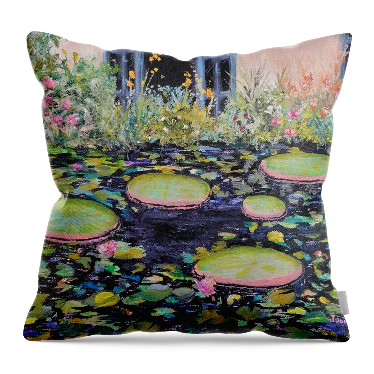 Lily Pads Throw Pillow featuring the painting Lily Pads by Judith Rhue