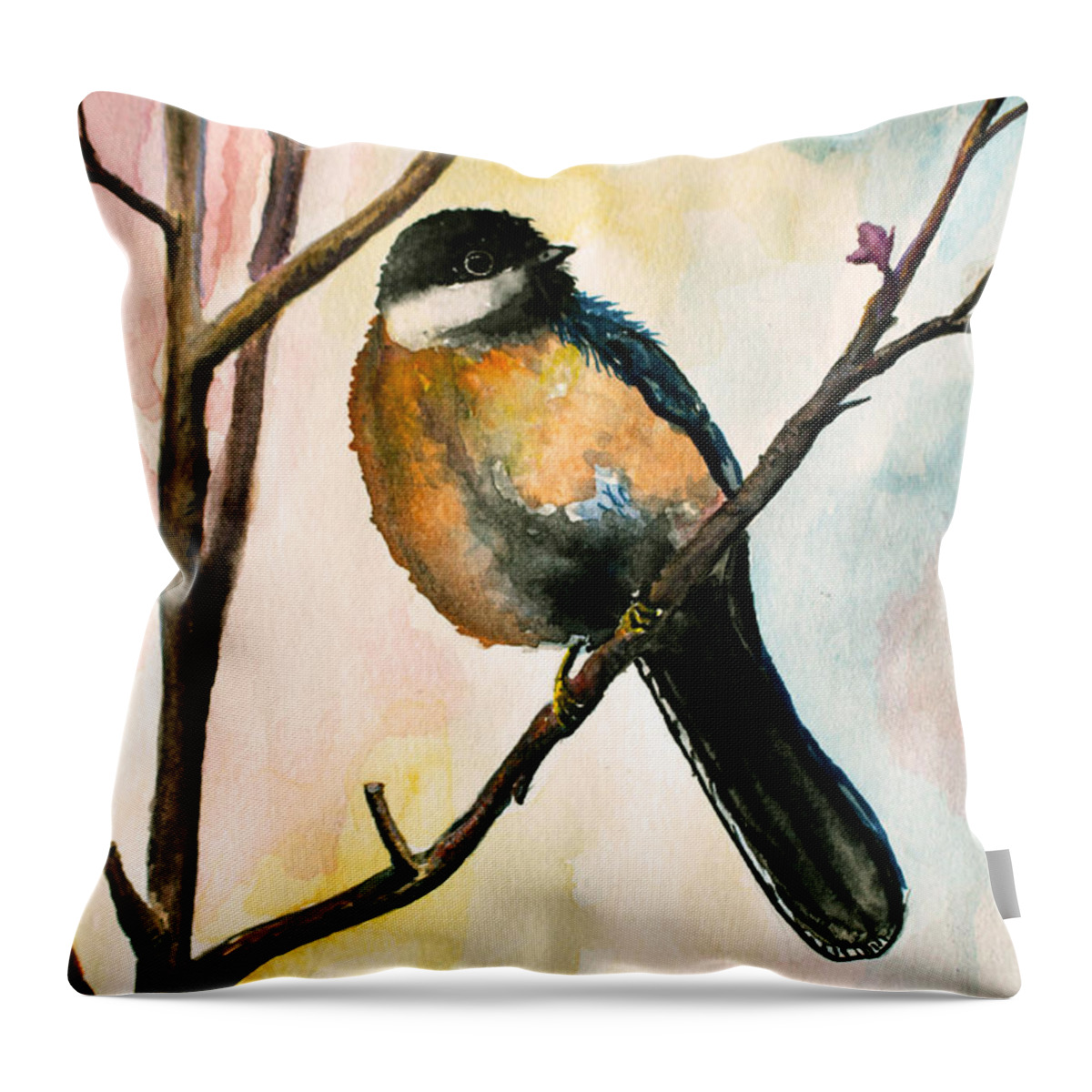 Watercolor Throw Pillow featuring the painting Little Bird 8 by Medea Ioseliani