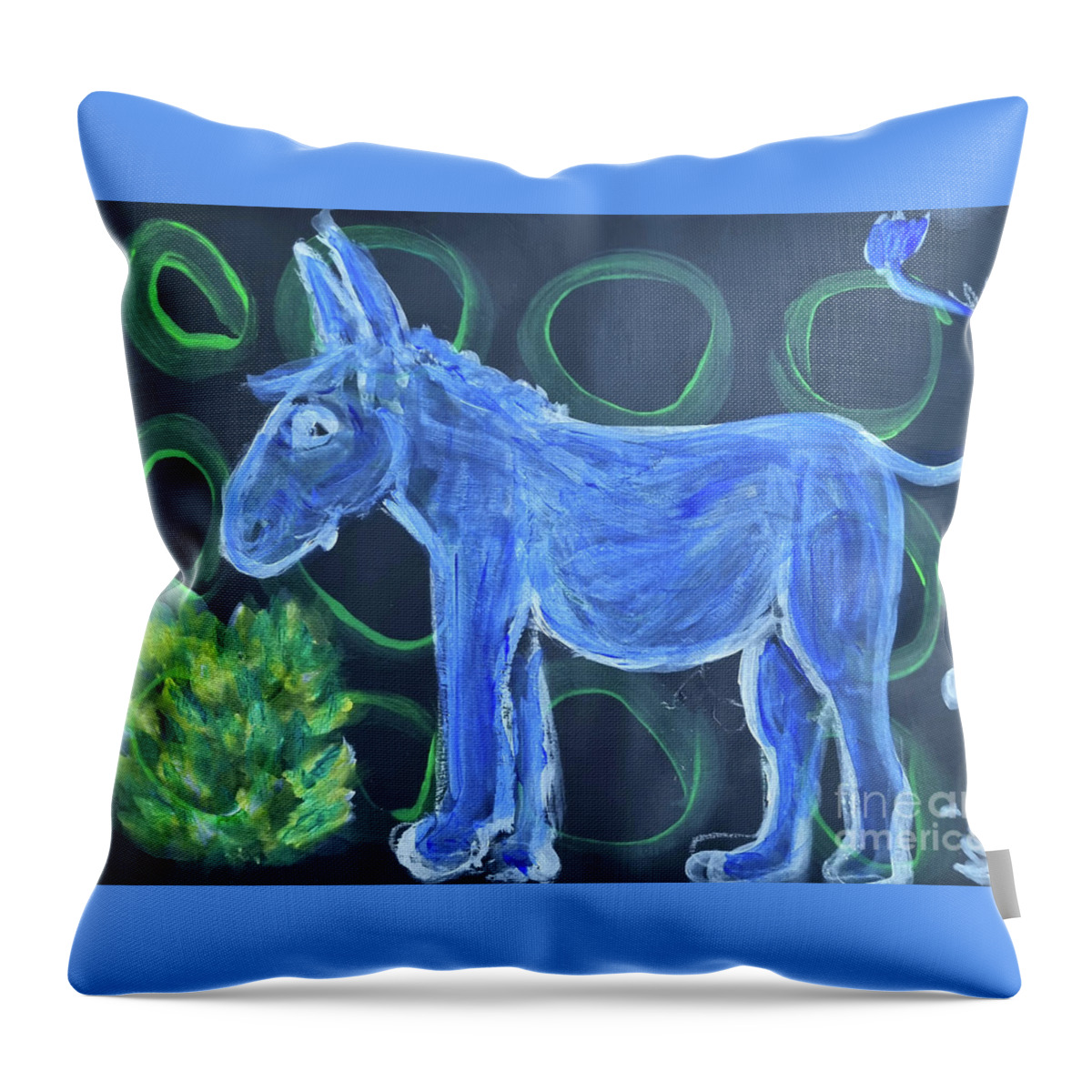 Donkey Throw Pillow featuring the painting Little Blue Donkey by Mimulux Patricia No