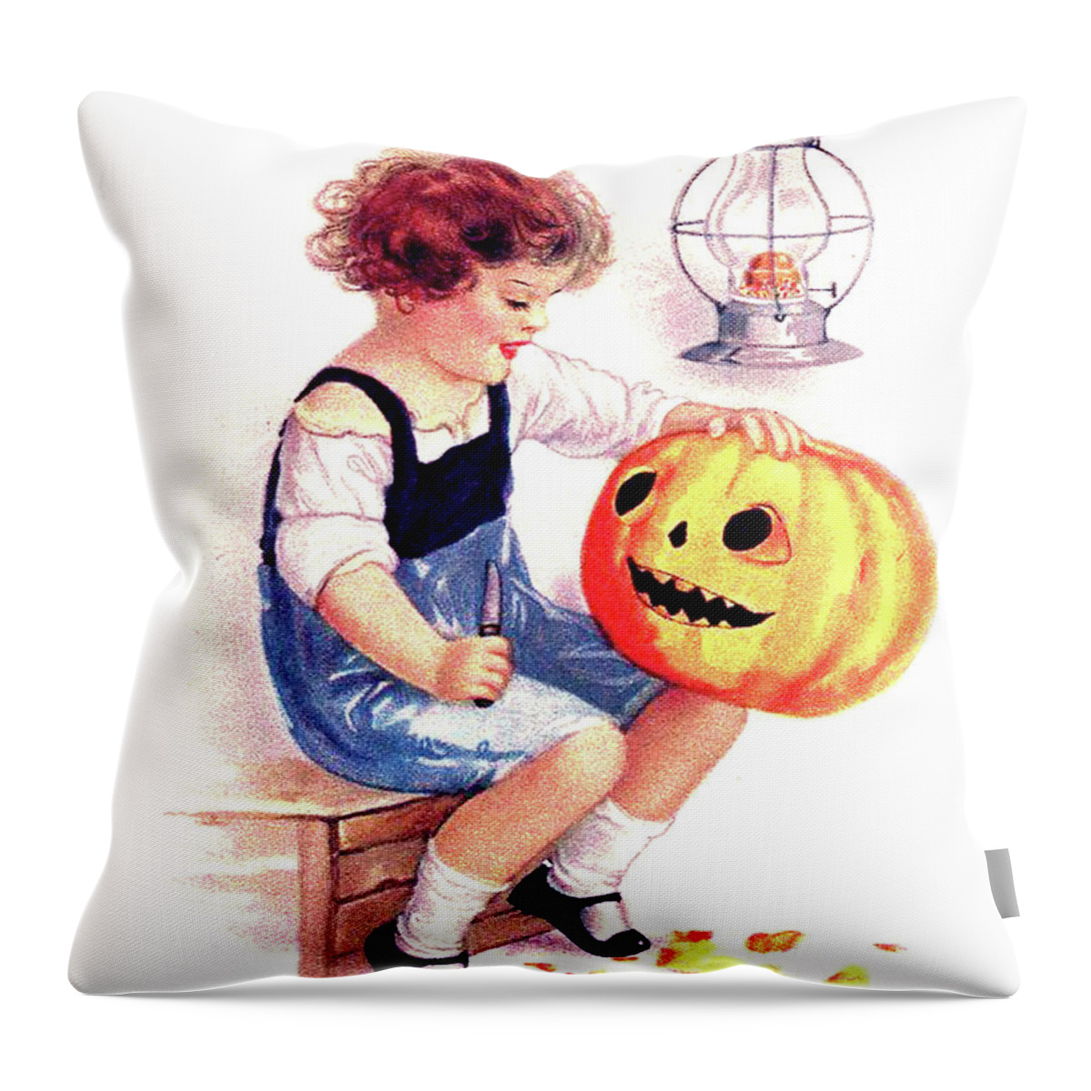 Little Girl Throw Pillow featuring the digital art Little Girl Carving Pumpkin by Long Shot