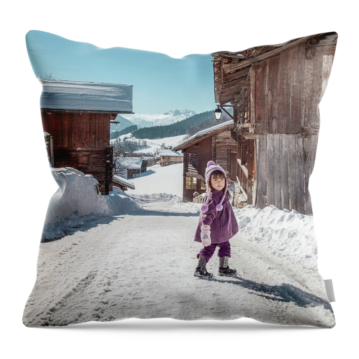 2-3 Years Throw Pillow featuring the photograph Little girl enjoying snow in Le Grand-Bornand French alps ski re by Benoit Bruchez