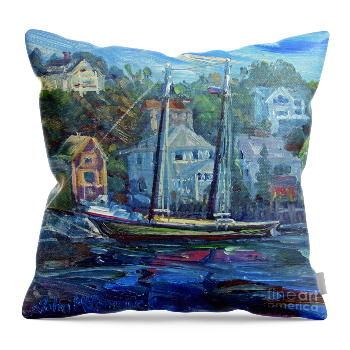 Schooner Throw Pillow featuring the painting Little Green Schooner, Smith Cove, Gloucester by John McCormick