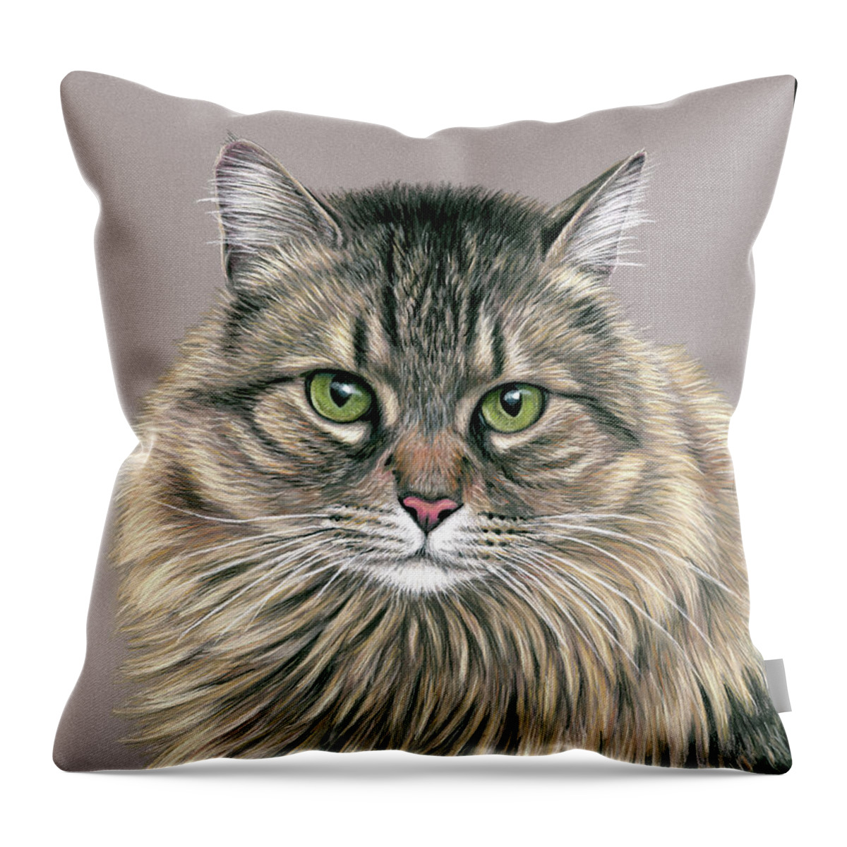 Cat Throw Pillow featuring the drawing Little Paul - Brown Tabby Cat by Rebecca Wang