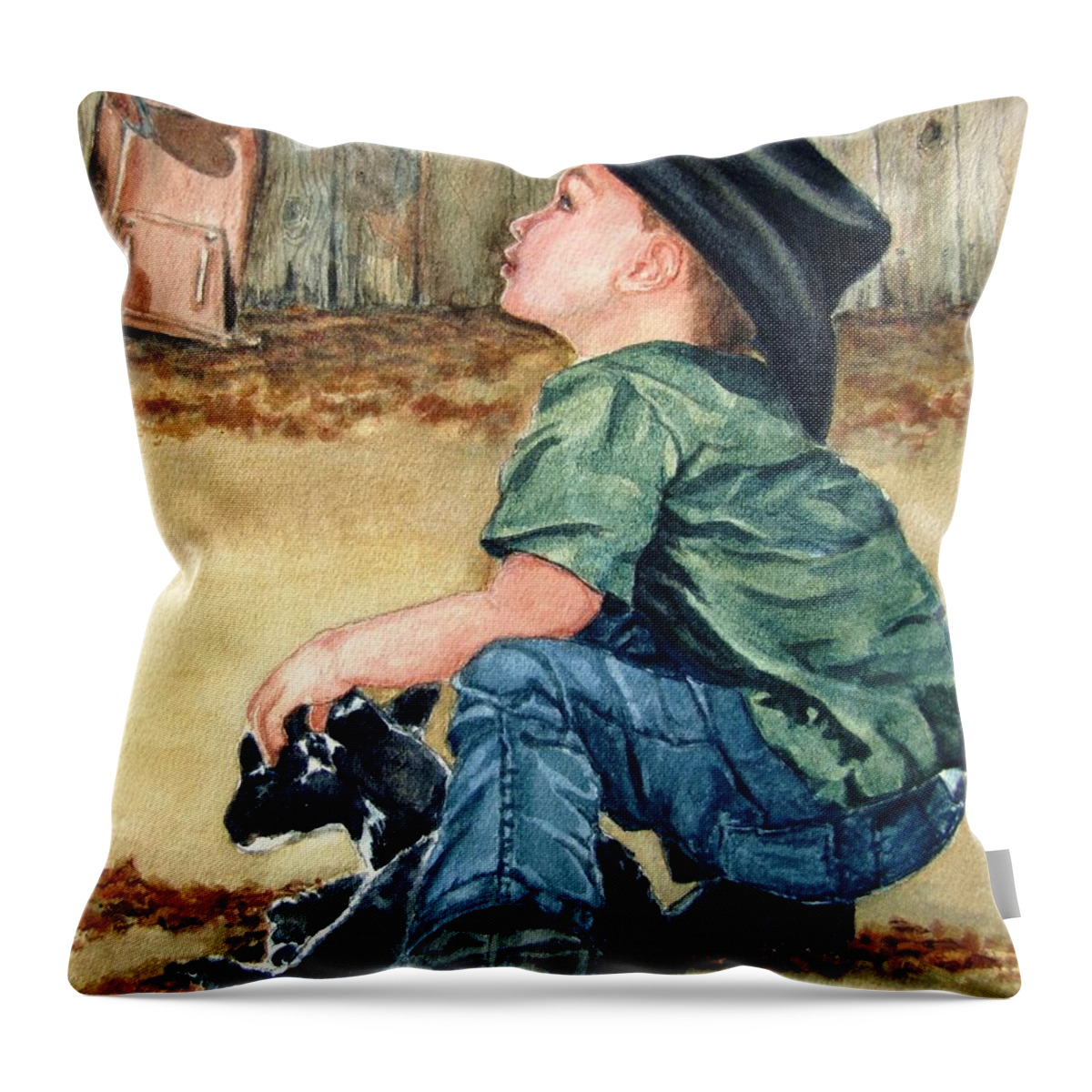 Children Throw Pillow featuring the painting Little Ranchhand by Karen Ilari