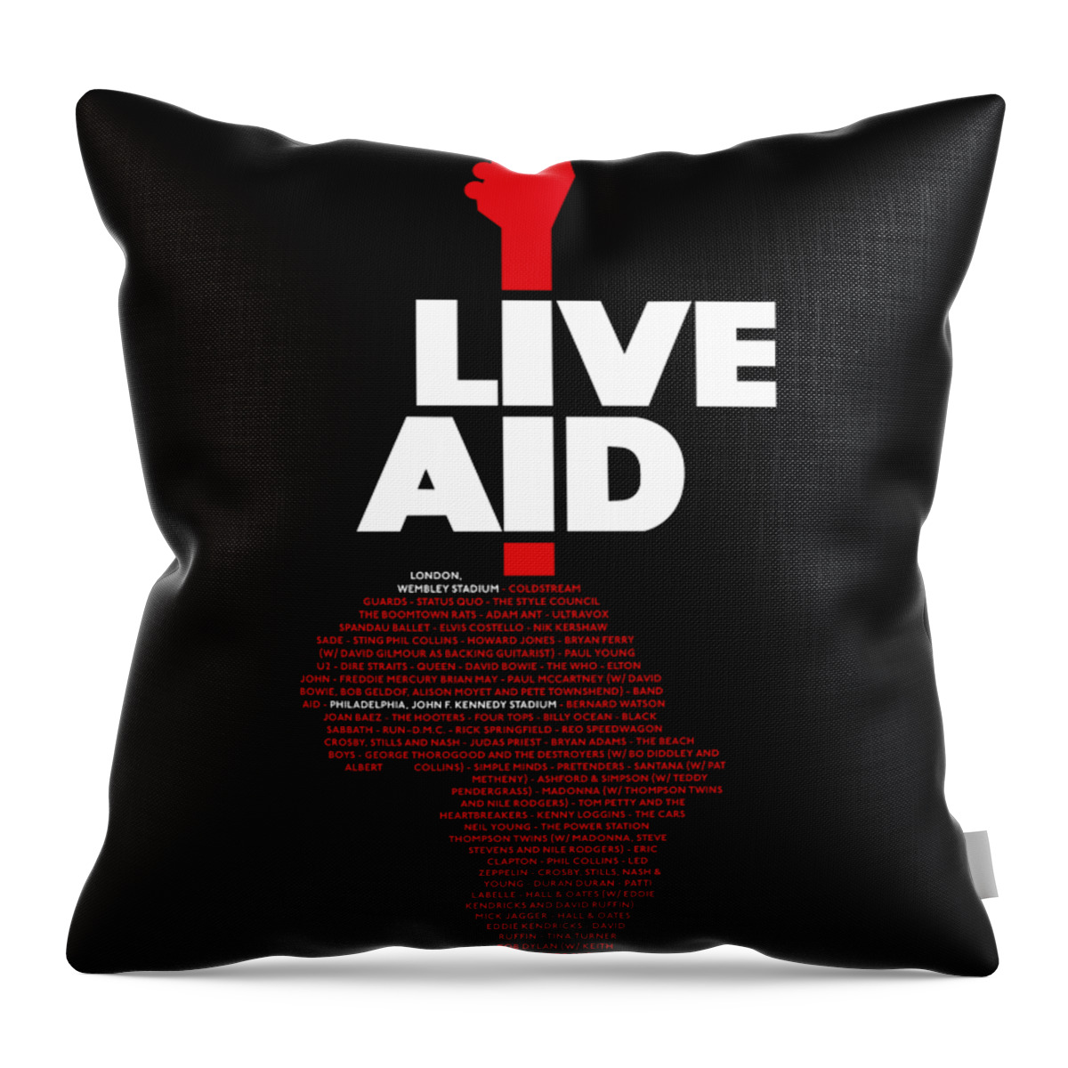 Live Throw Pillow featuring the digital art Live Aid 1985 white list by Andrea Gatti