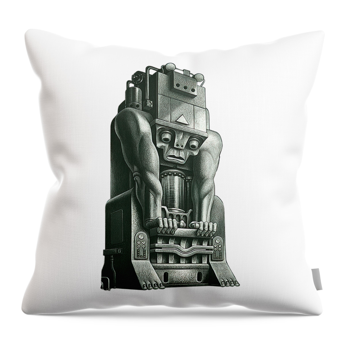 Die Press Throw Pillow featuring the drawing Living Machine 1950s massive die press part of a series by Boris Artzybasheef