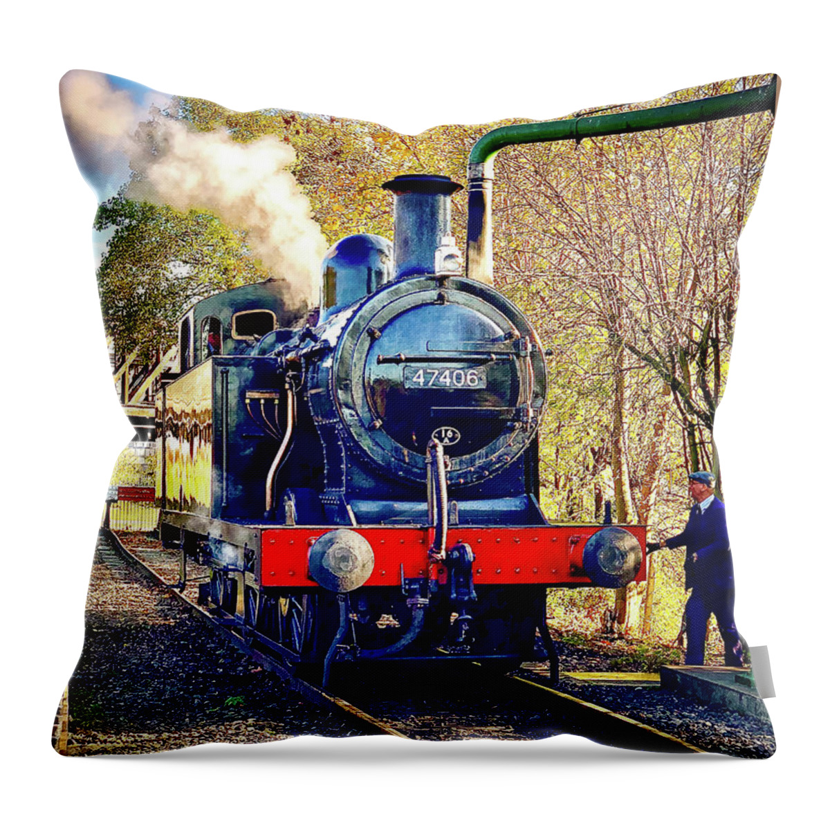 British Throw Pillow featuring the photograph LMS 47406 Steam Locomotive at Nene Valley Railway by Gordon James
