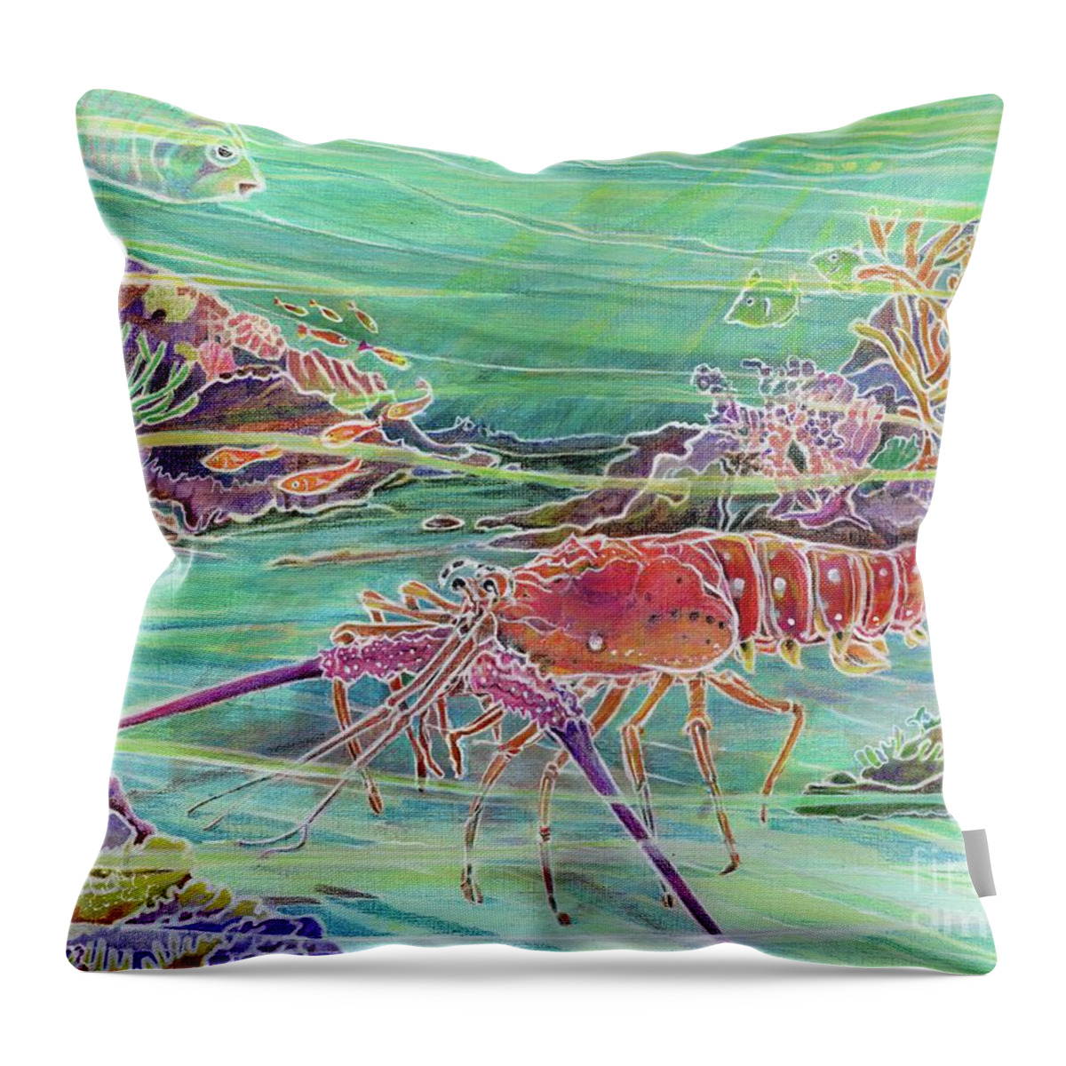 Underwater Throw Pillow featuring the painting Lobster Crossing by Amelia Stephenson at Ameliaworks
