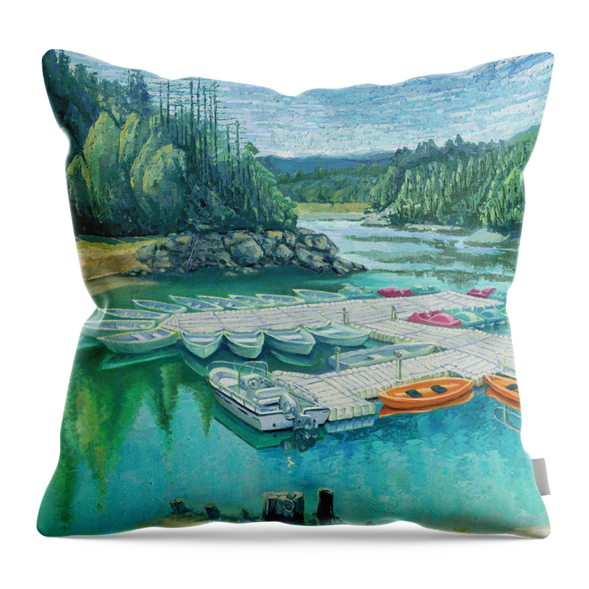 Kayak Throw Pillow featuring the painting Loch Lomond Marina by PJ Kirk