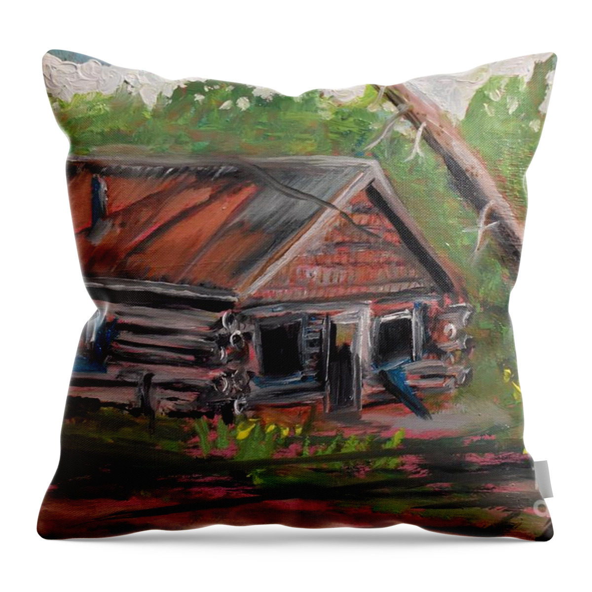Plein Air Throw Pillow featuring the painting Log Cabin Innisfil by Monika Shepherdson