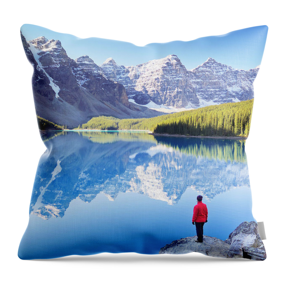 Moraine Lake Throw Pillow featuring the photograph Lone hiker at Moraine Lake, Canadian Rockies by Neale And Judith Clark