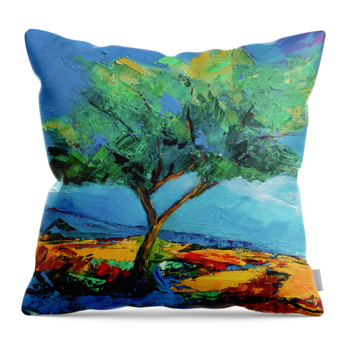 Landscape Throw Pillow featuring the painting Lonely Olive Tree by Elise Palmigiani
