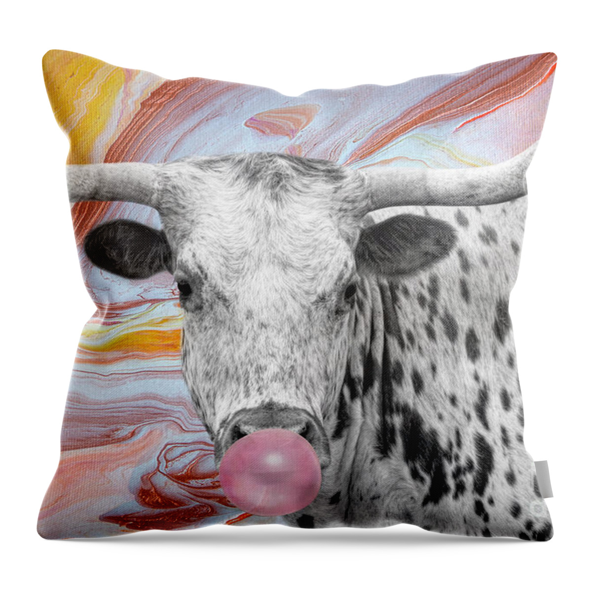 Texas Longhorn Throw Pillow featuring the mixed media Longhorn Cow with Bubble Gum 1 by Elisabeth Lucas