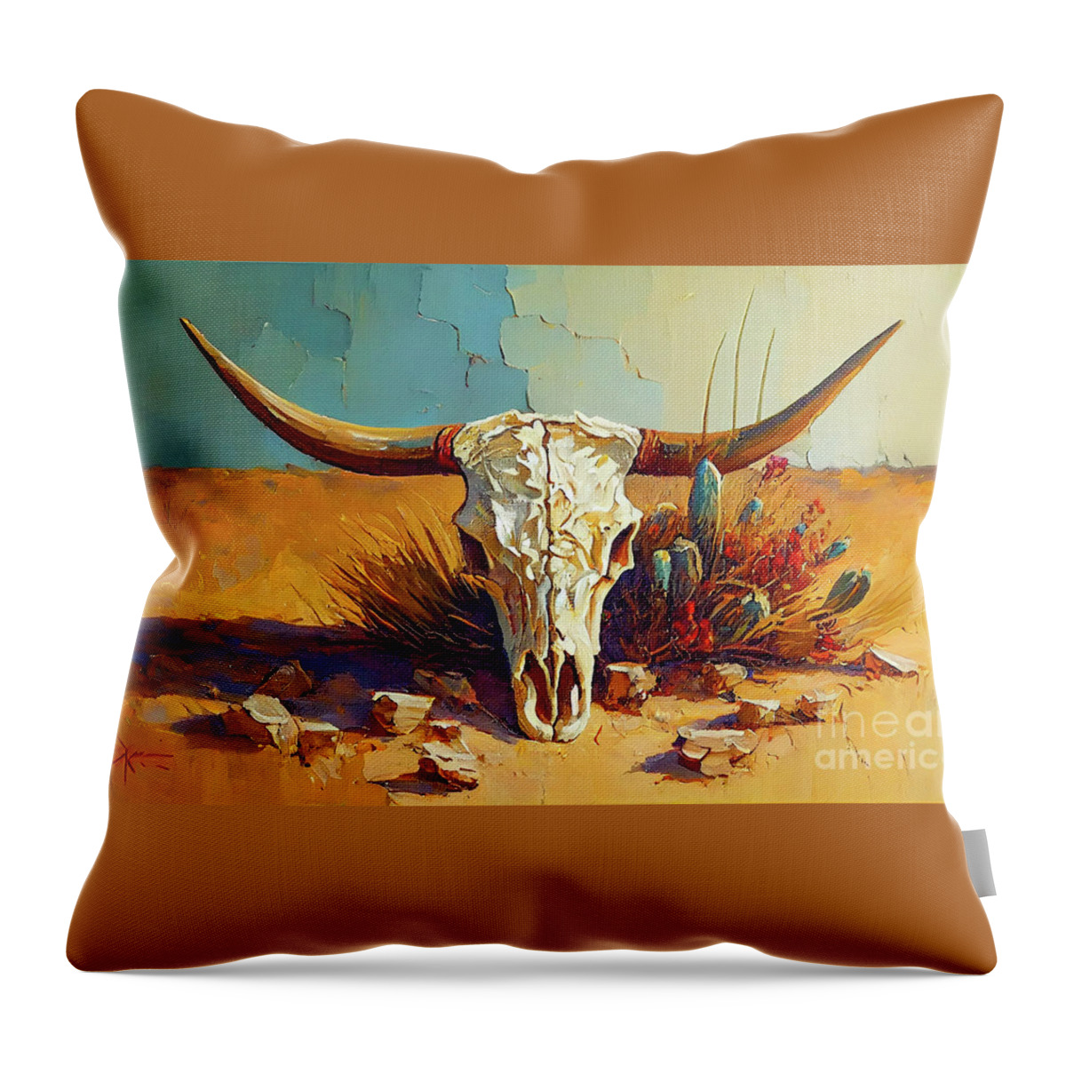 Bull Throw Pillow featuring the painting Longhorn Skull by Glenn Robins