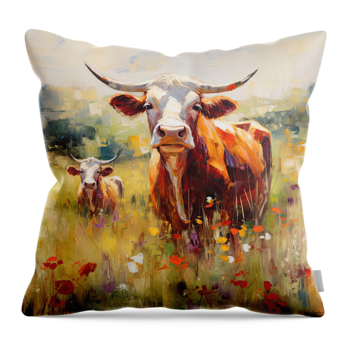 Texas Longhorn Throw Pillow featuring the painting Longhorns in a Field of Flowers - Texas Art by Lourry Legarde