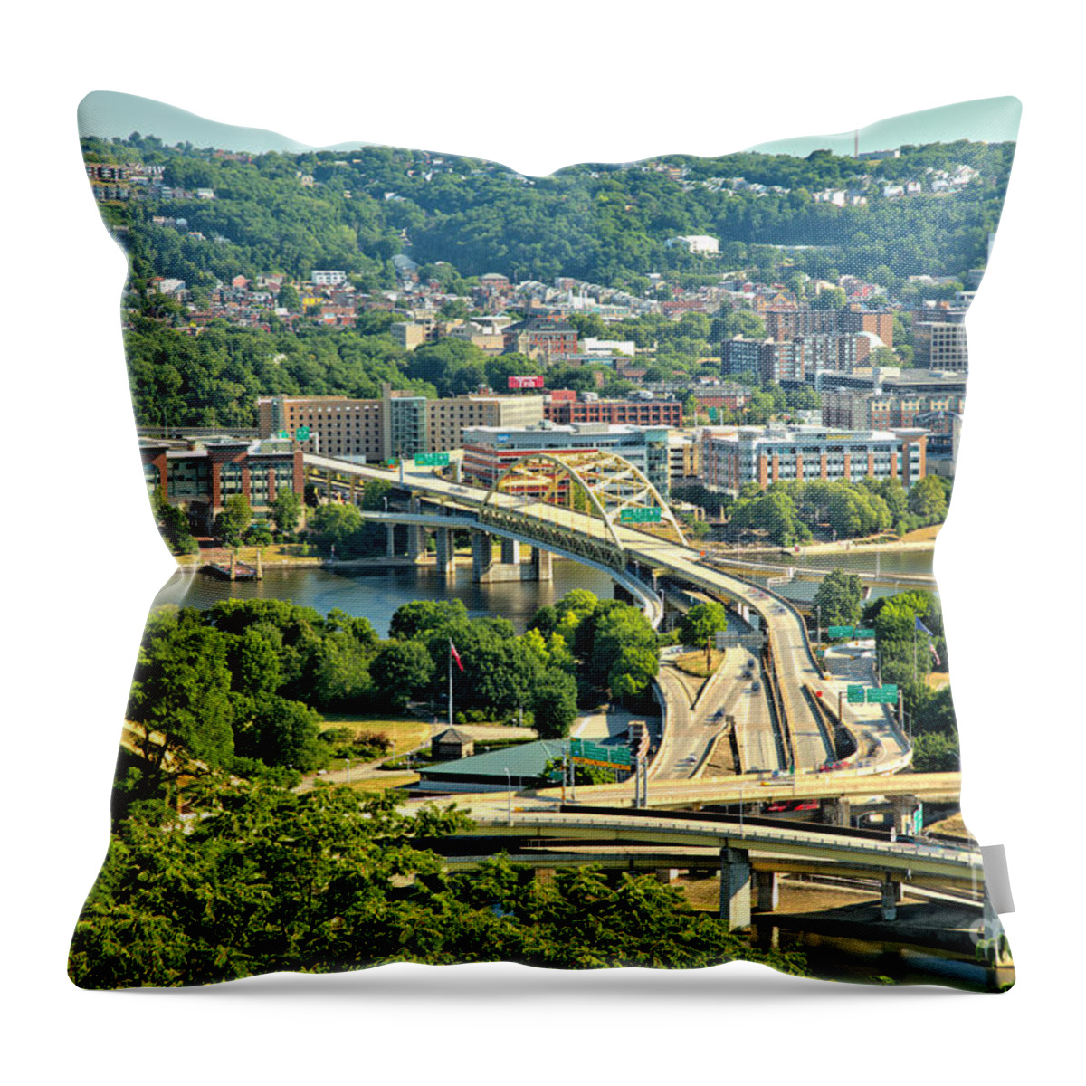 Pittsburgh Throw Pillow featuring the photograph Looking Out Over The Pittsburgh Fort Duquesne Bridge by Adam Jewell