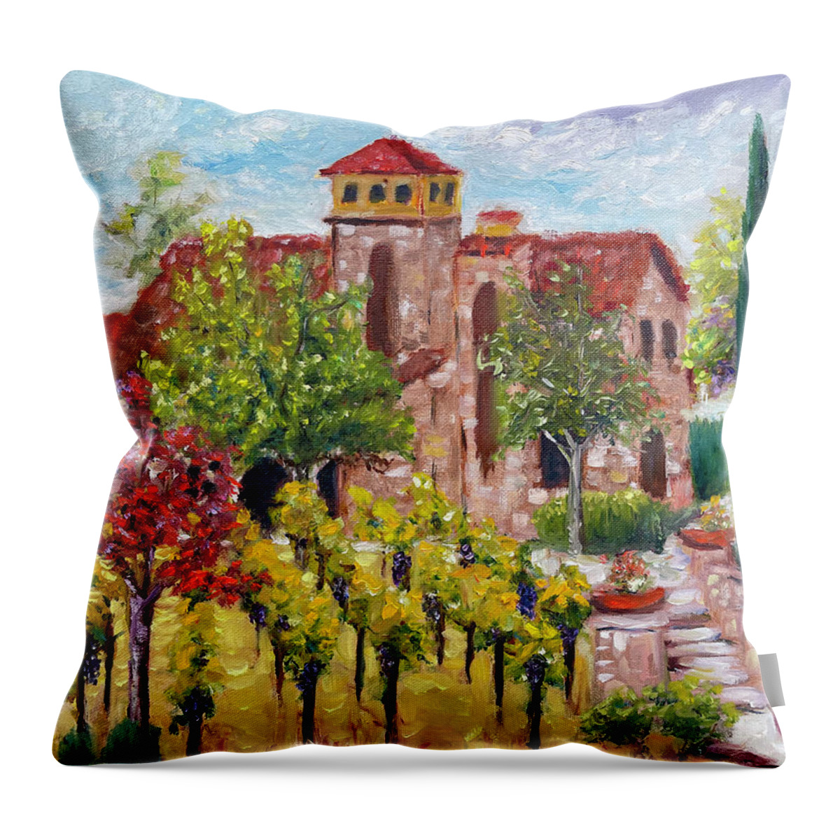 Lorimar Vineyard And Winery Throw Pillow featuring the painting Lorimar in Autumn by Roxy Rich