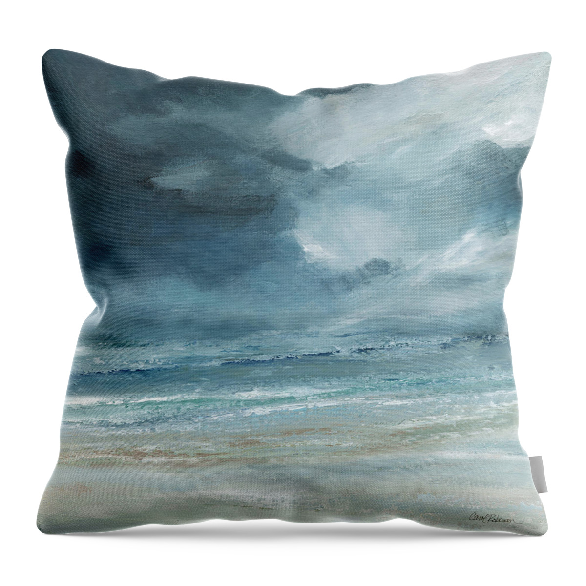 Blue Gray Tan White Cream Seascape Waves Beach Coastal Contemporary Sky And Cloudscape Throw Pillow featuring the painting Lost Horizon by Carol Robinson