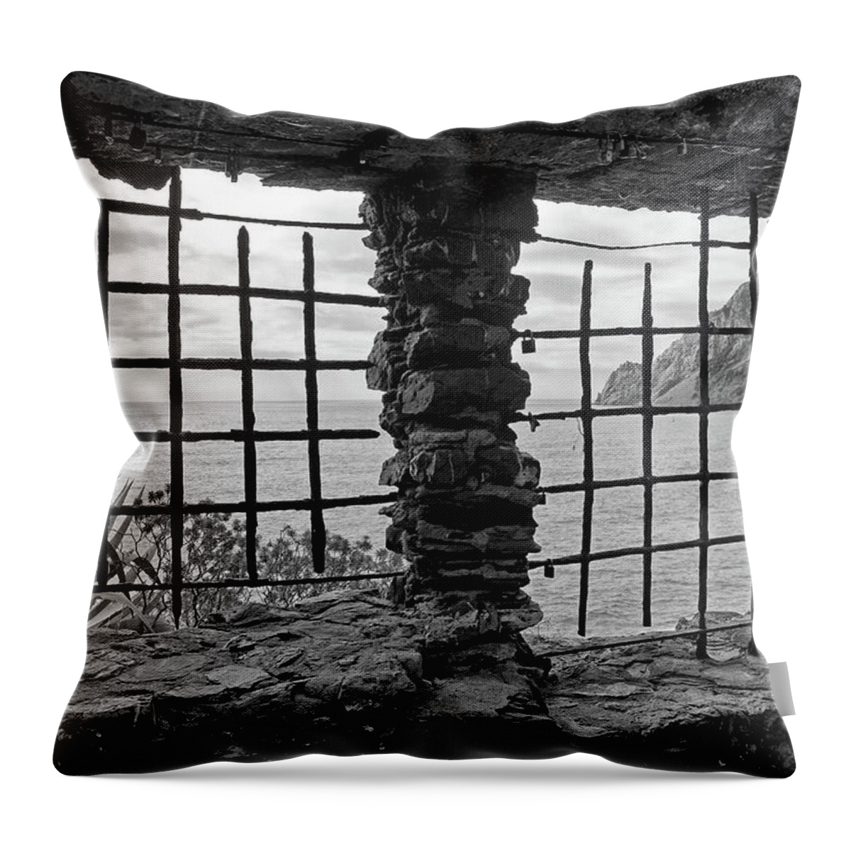 Cinque Terre Throw Pillow featuring the photograph Love Lock Sillhouttes Cinque Terre Trail Near Monterosso al Mare Italy Black and White by Shawn O'Brien