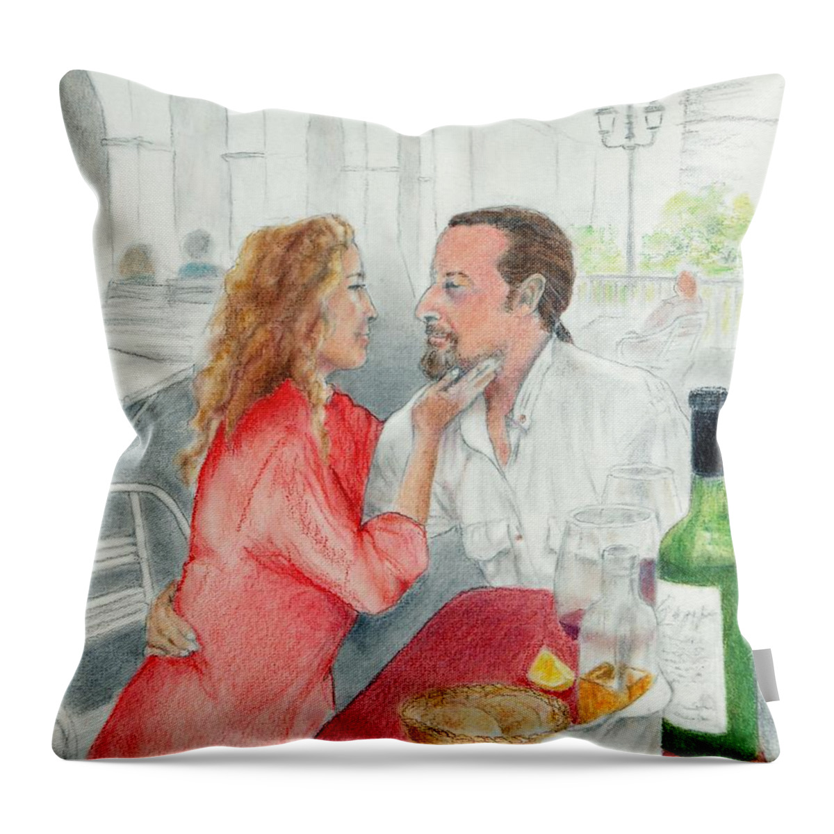 Romantic Couple Throw Pillow featuring the drawing Lovers' Gaze by Jayne Somogy
