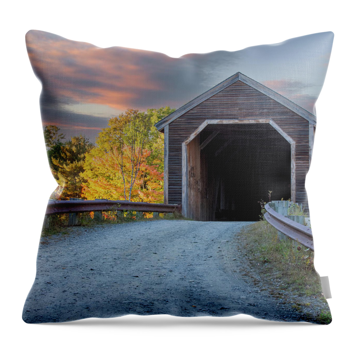 Guildford Maine Throw Pillow featuring the photograph Low's Covered Bridge in Guilford Maine by Jeff Folger