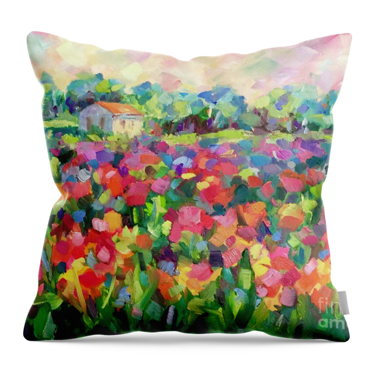 Flowers Fields France Provence Poppies Farmhouse Luberon Valley French Landscape Throw Pillow featuring the painting Luberon Valley by Patsy Walton
