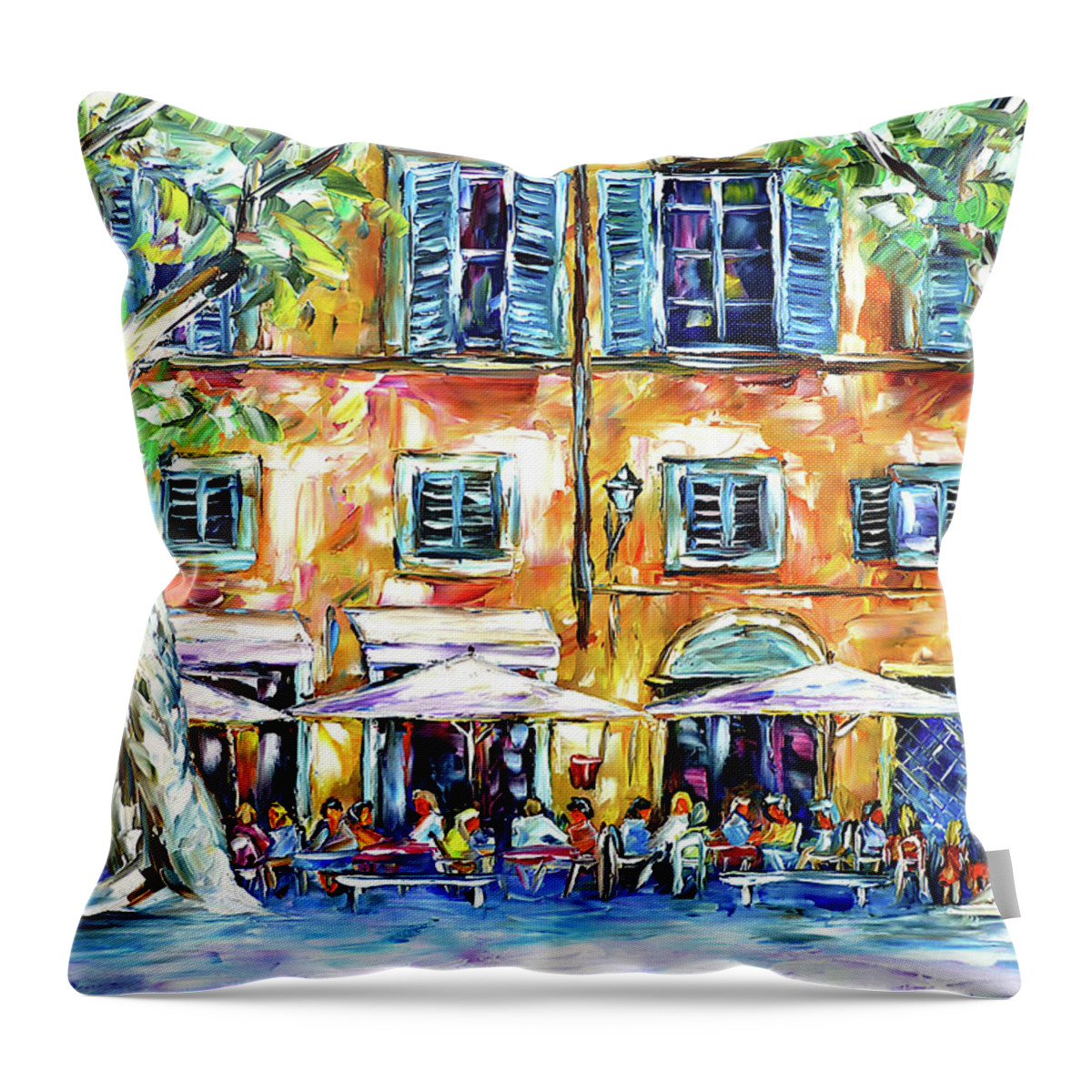 People In The Cafe Throw Pillow featuring the painting Lucca, Piazza Napoleone by Mirek Kuzniar