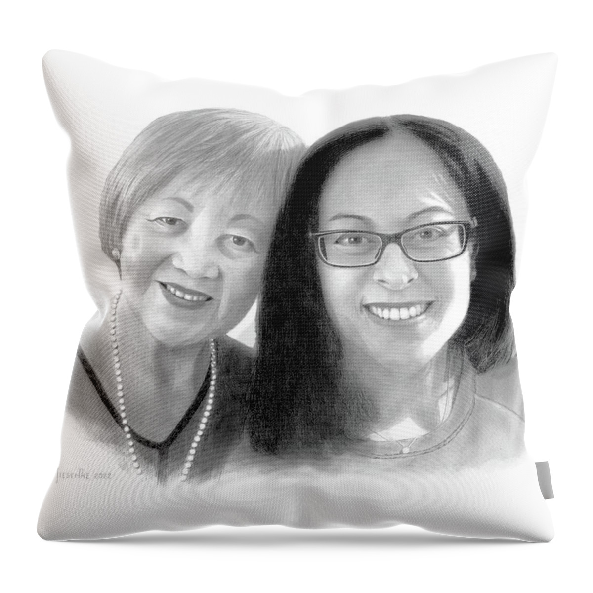 Pencil Throw Pillow featuring the drawing Lucy and Cindy, Mother and Daughter by Conrad Mieschke