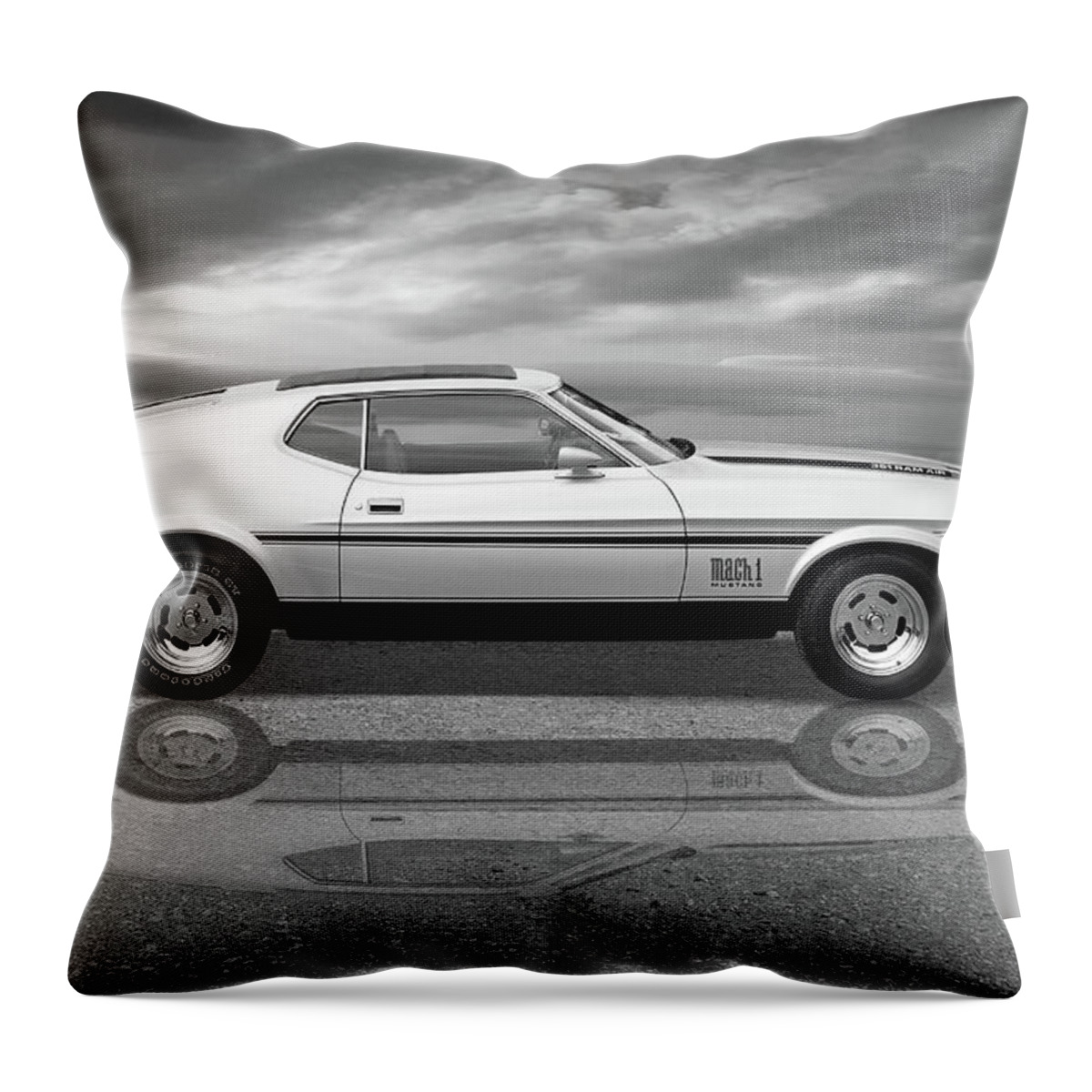 Ford Mustang Throw Pillow featuring the photograph Mach 1 Mustang Reflections in Black and White by Gill Billington