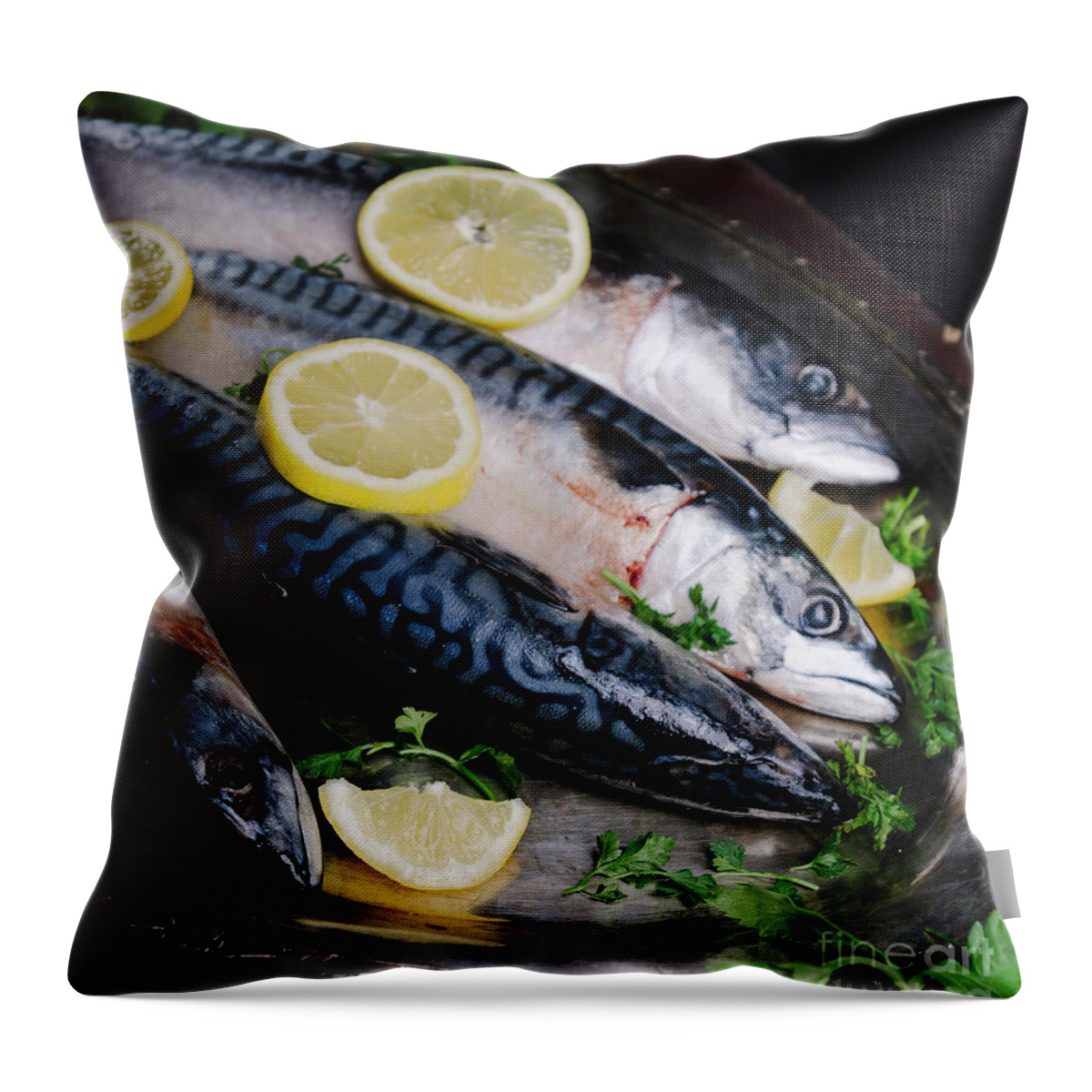 Mackerel Throw Pillow featuring the photograph Mackerels on silver plate with lemon by Jelena Jovanovic